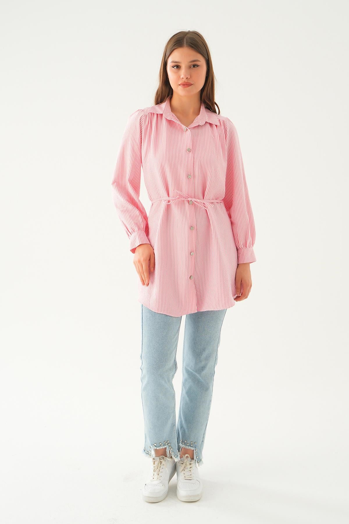 Pembe Bağlama Detay Çizgili Tunik 4242A