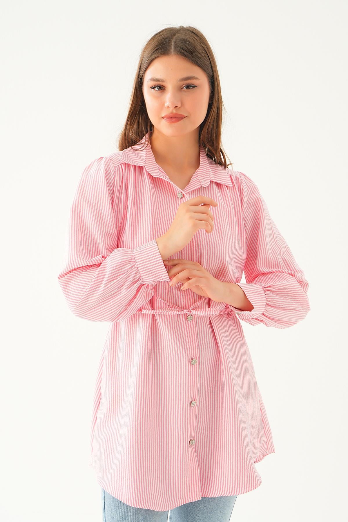 Pembe Bağlama Detay Çizgili Tunik 4242A