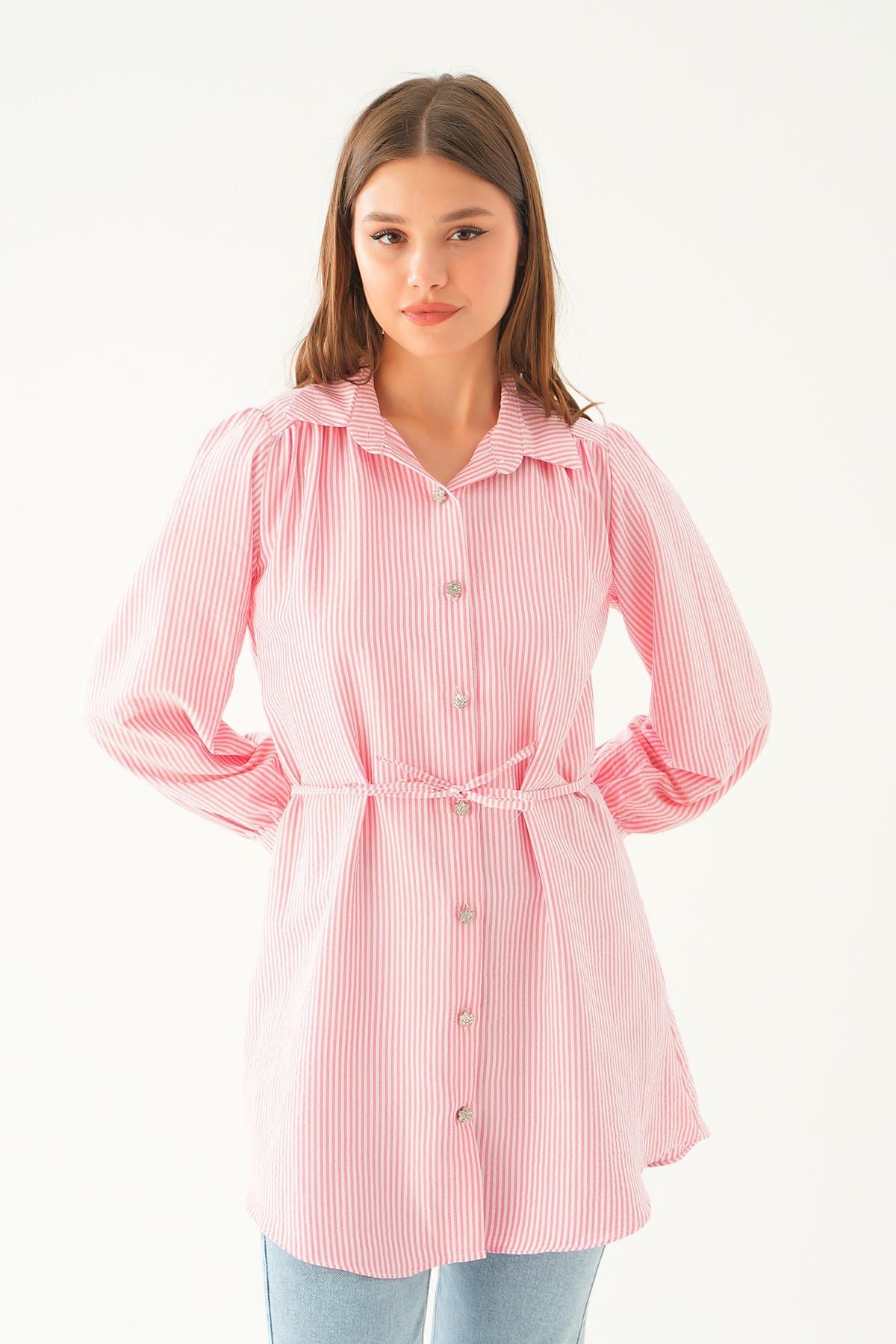 Pembe Bağlama Detay Çizgili Tunik 4242A