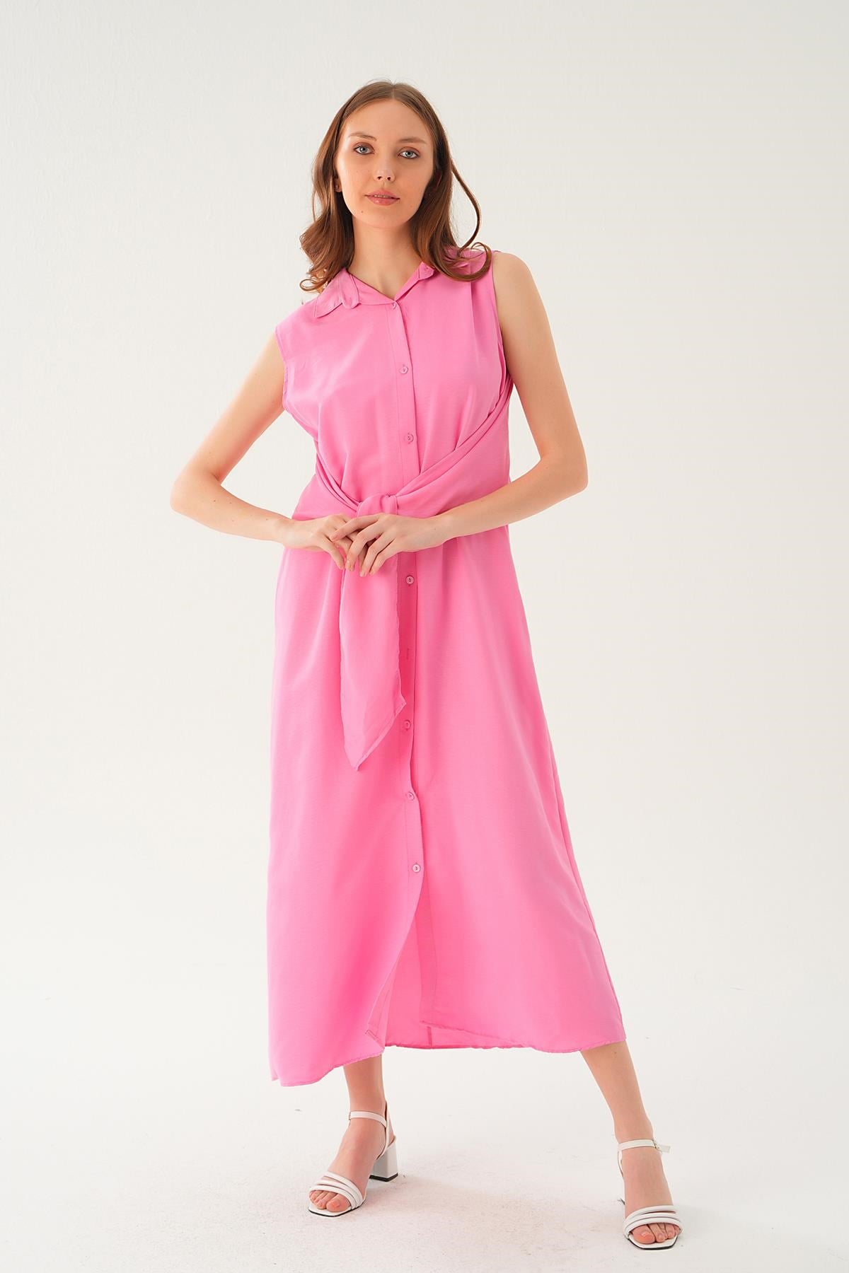Pembe Bağlama Detay Elbise 8667