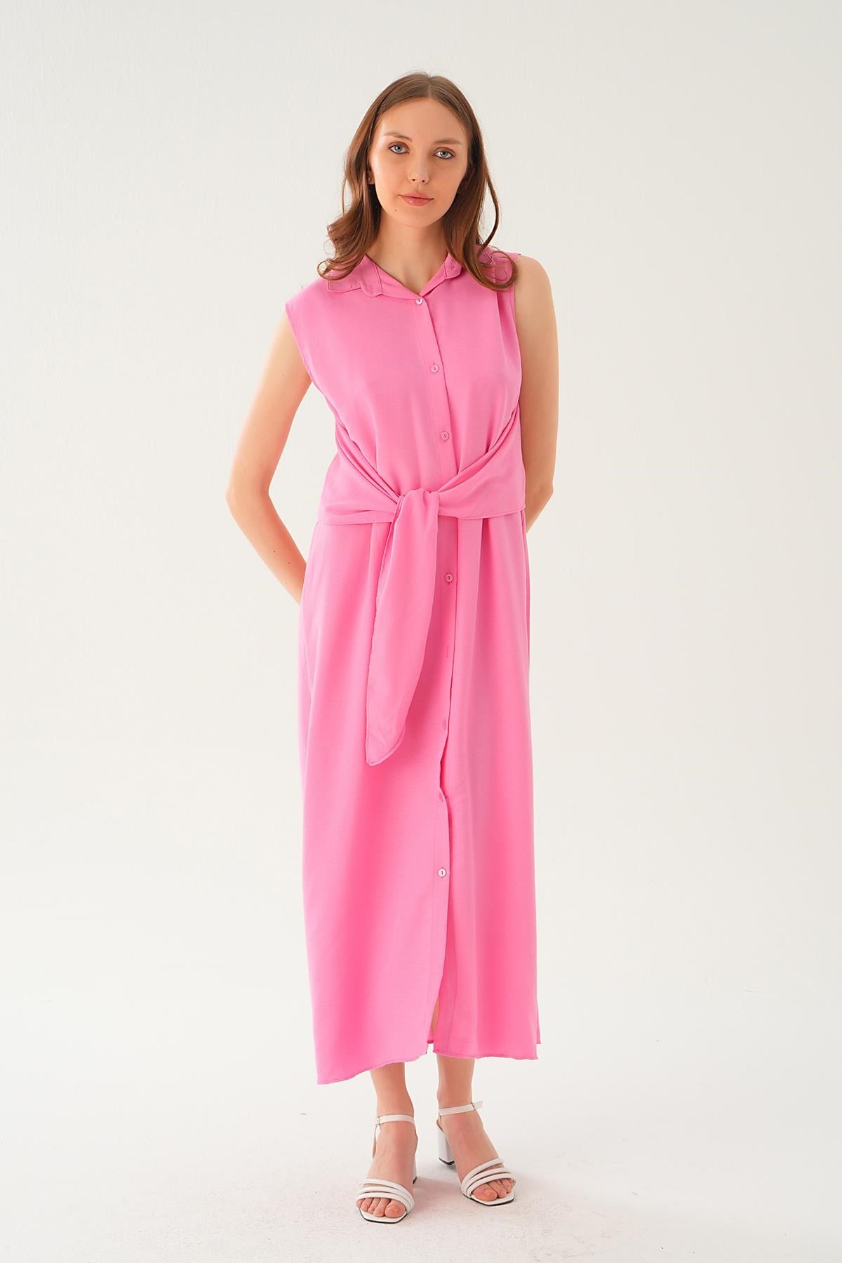 Pembe Bağlama Detay Elbise 8667