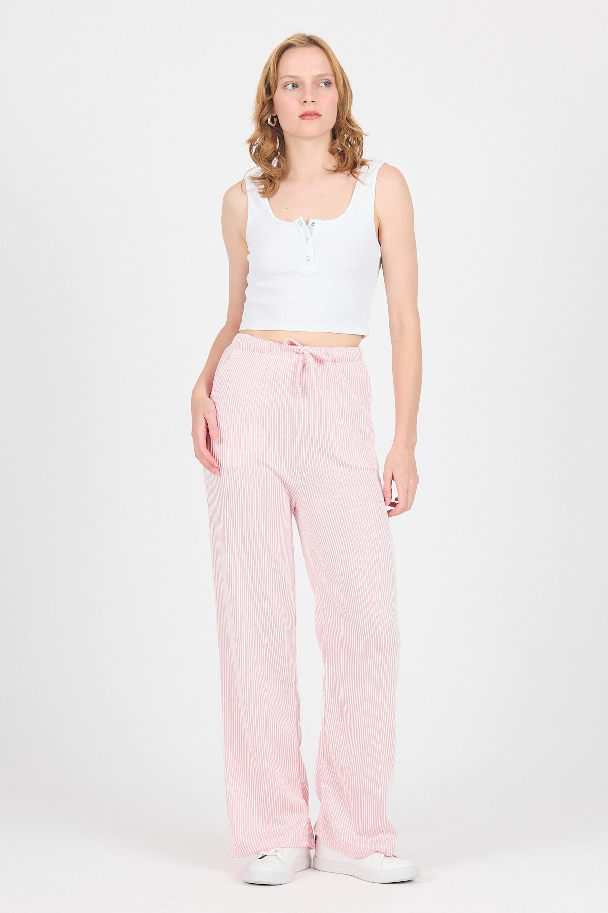 Pembe Beli Lastikli Çizgili Geniş Paça Dokuma Pantolon 4098