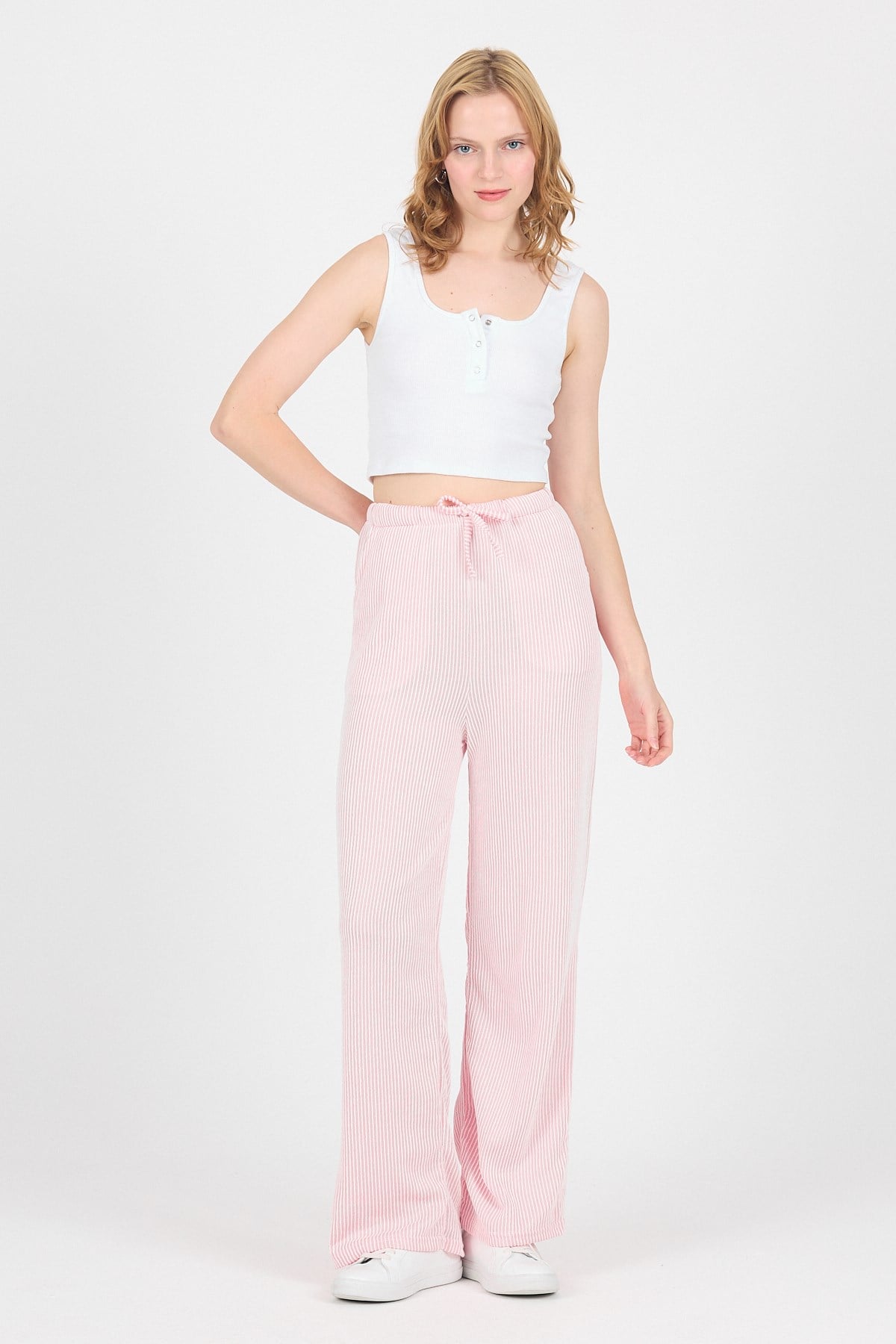 Pembe Beli Lastikli Çizgili Geniş Paça Dokuma Pantolon 4098