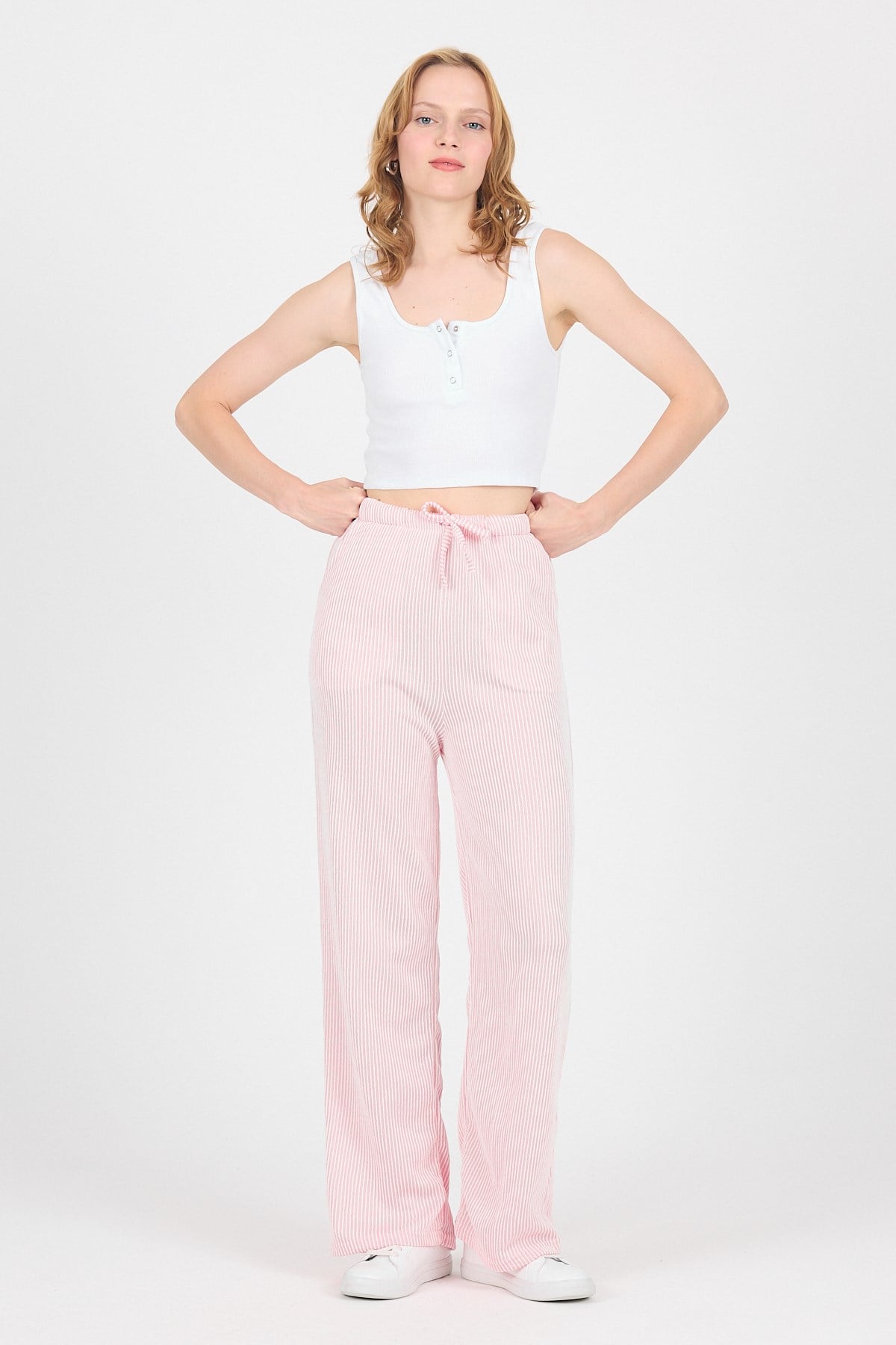 Pembe Beli Lastikli Çizgili Geniş Paça Dokuma Pantolon 4098