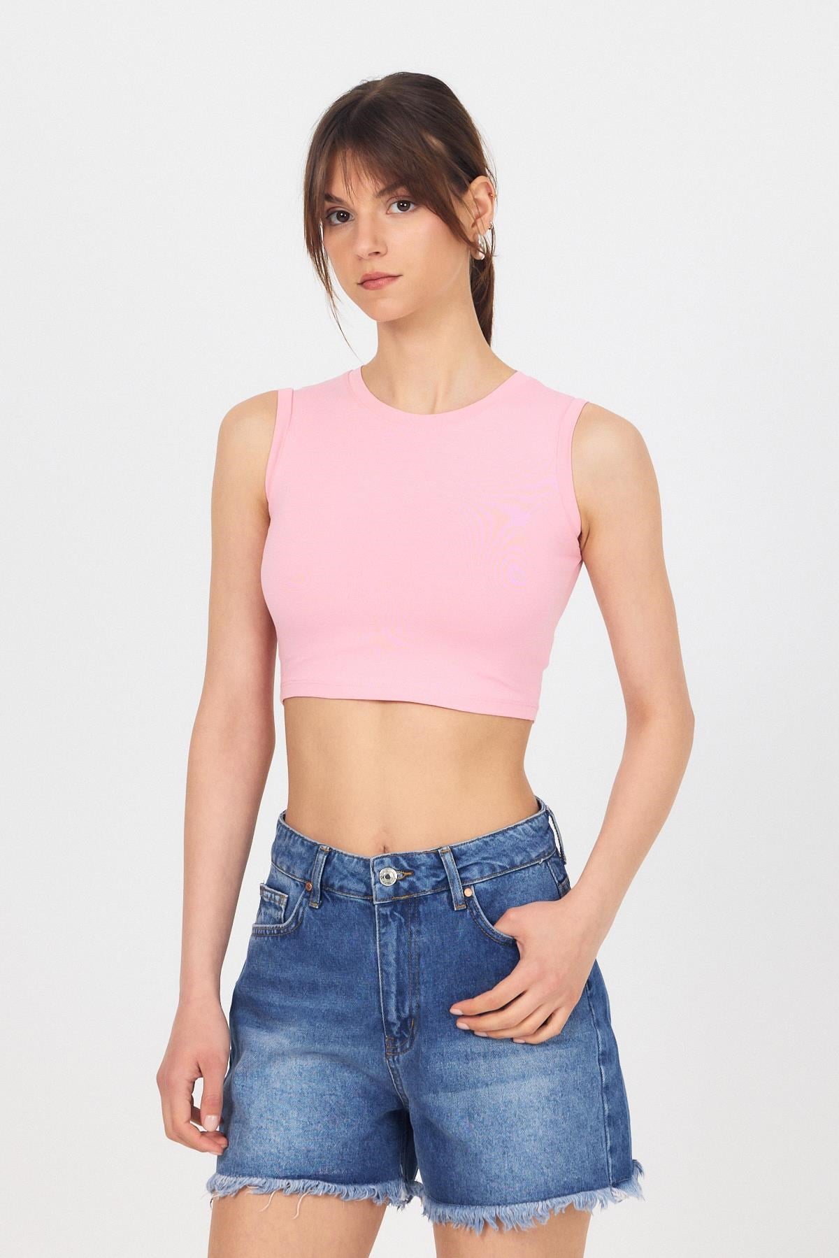 Pembe Bisiklet Yaka Crop Atlet 9189M