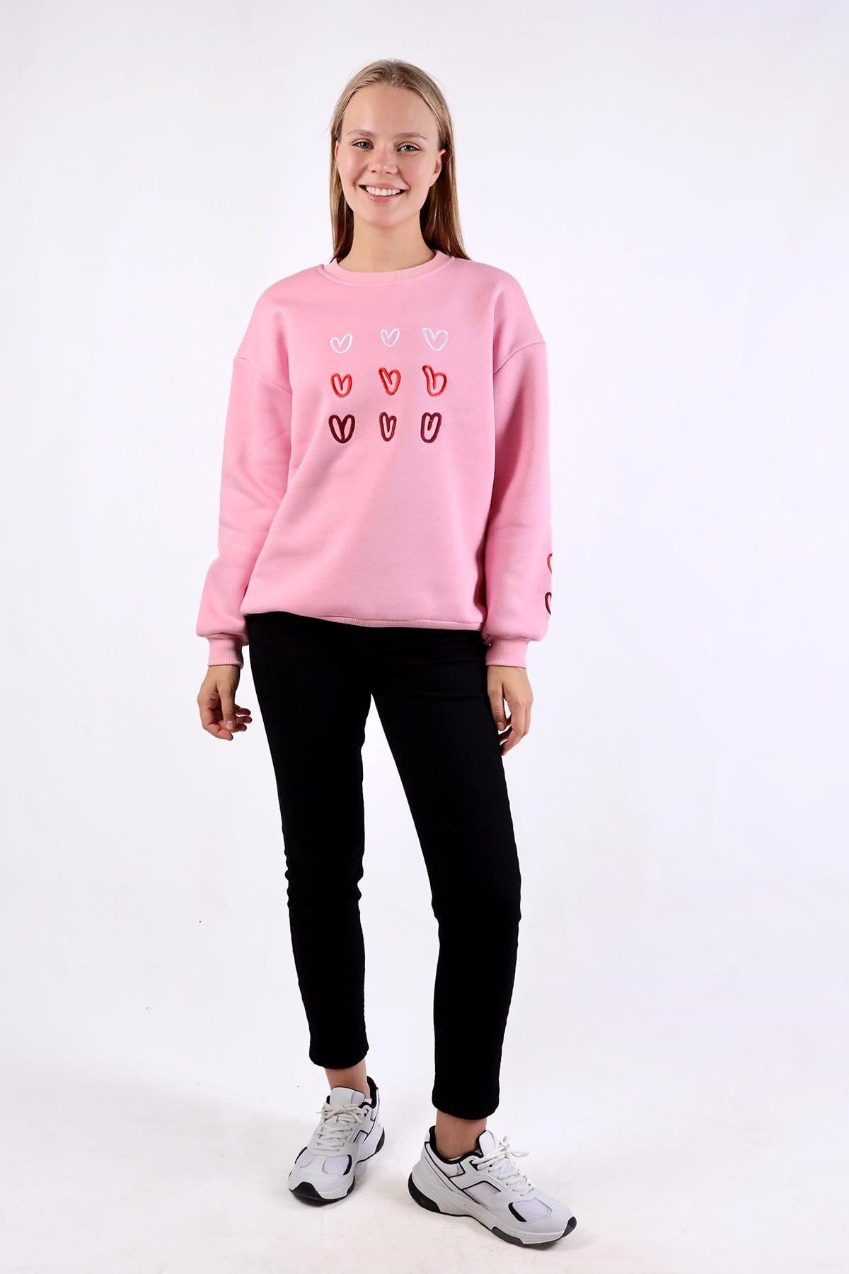 Pembe Bisiklet Yaka Kalp Nakışlı Sweat 9175M
