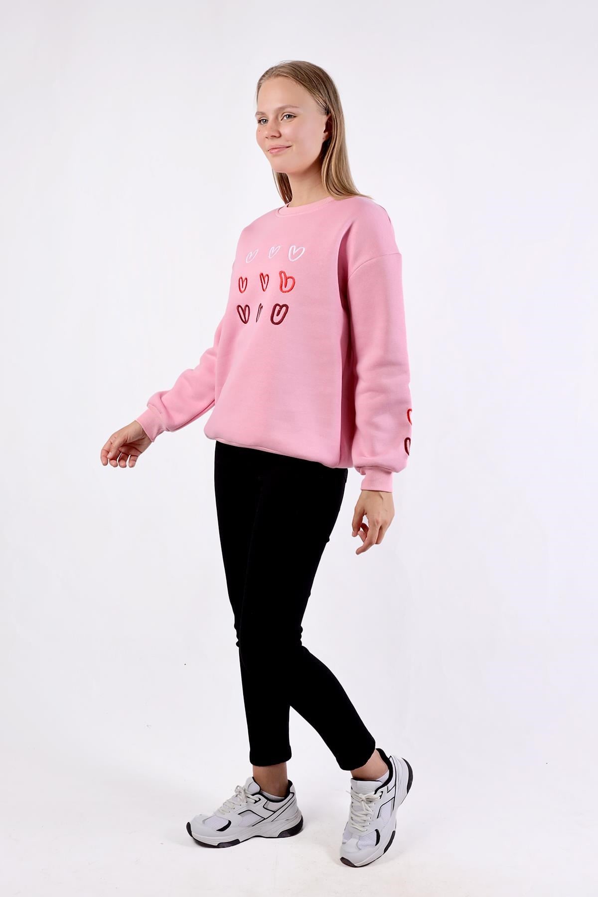 Pembe Bisiklet Yaka Kalp Nakışlı Sweat 9175M