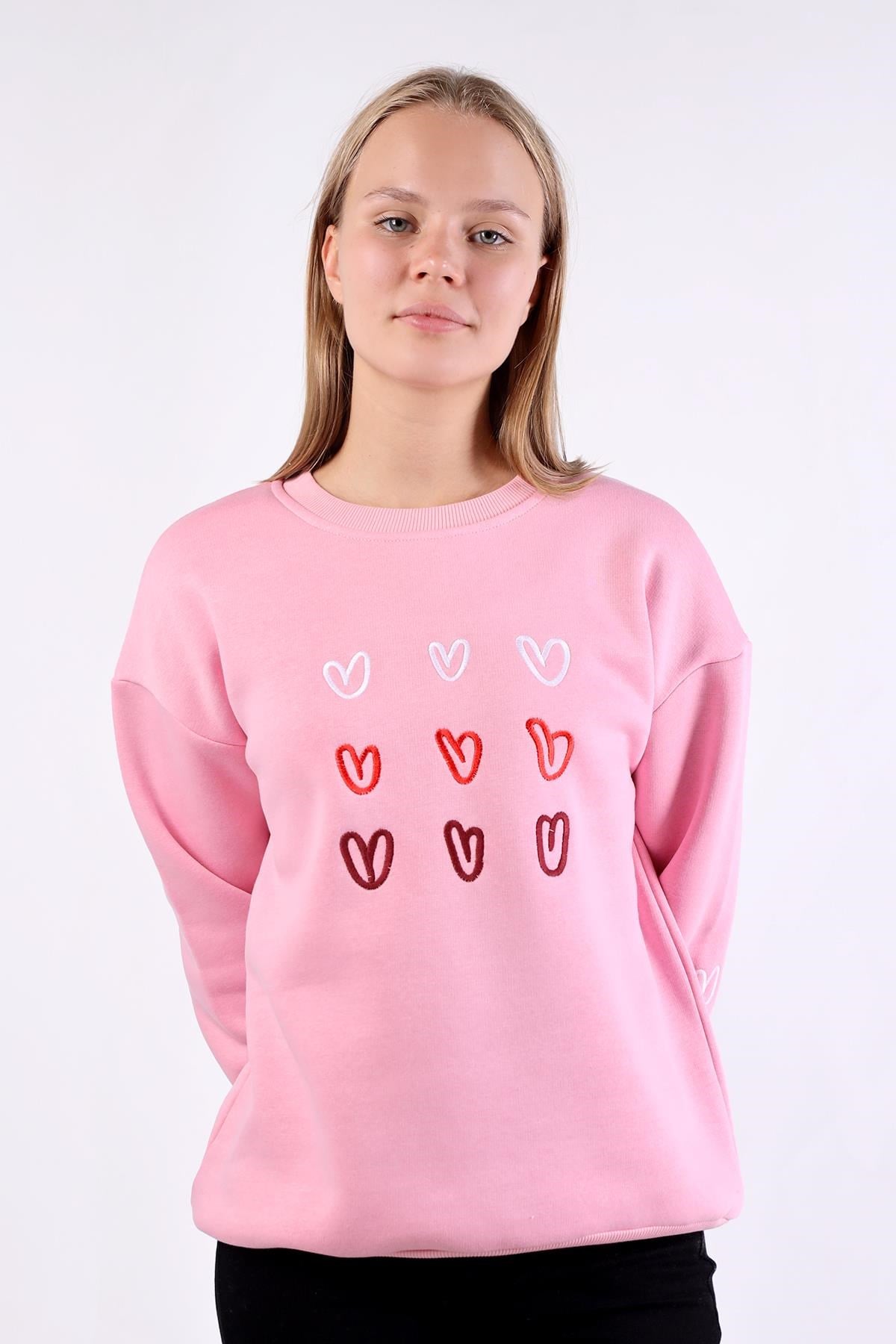 Pembe Bisiklet Yaka Kalp Nakışlı Sweat 9175M