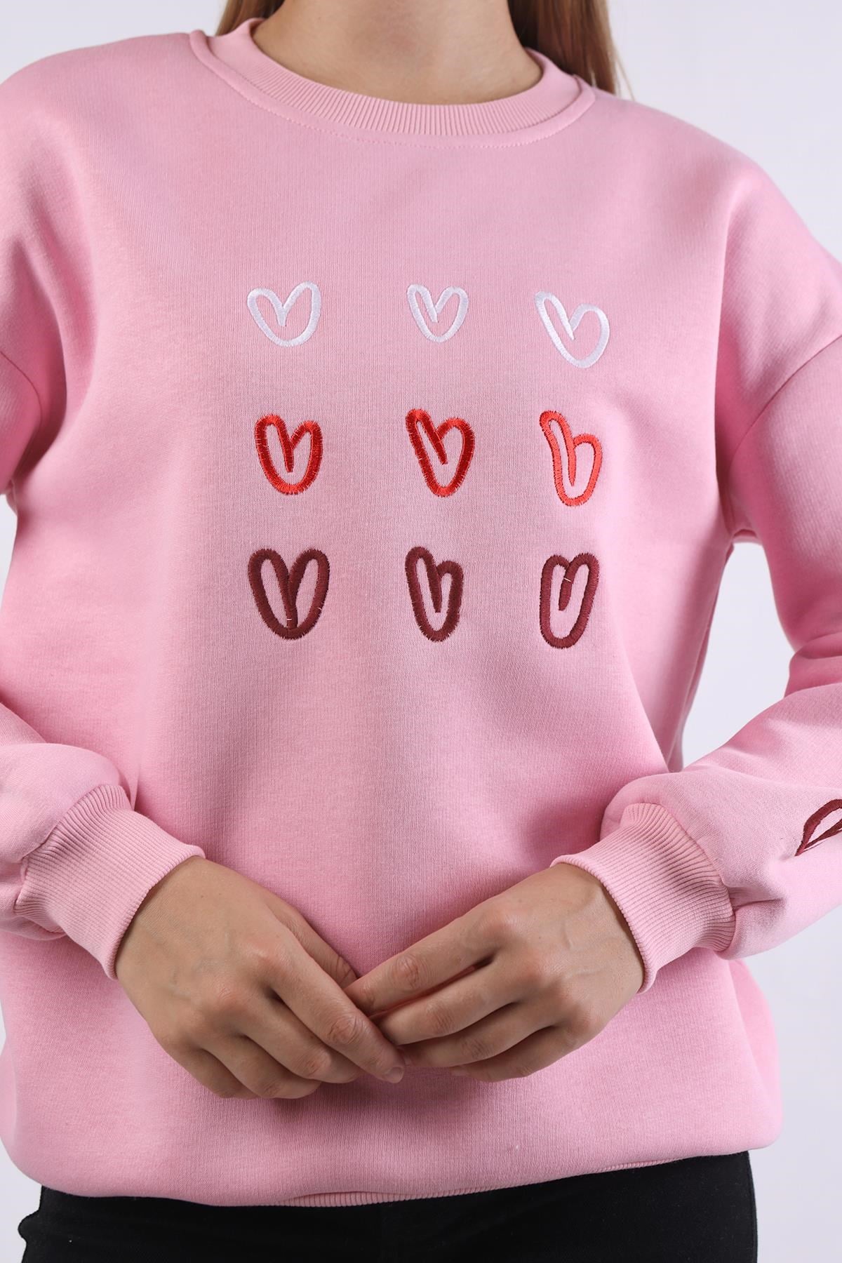 Pembe Bisiklet Yaka Kalp Nakışlı Sweat 9175M