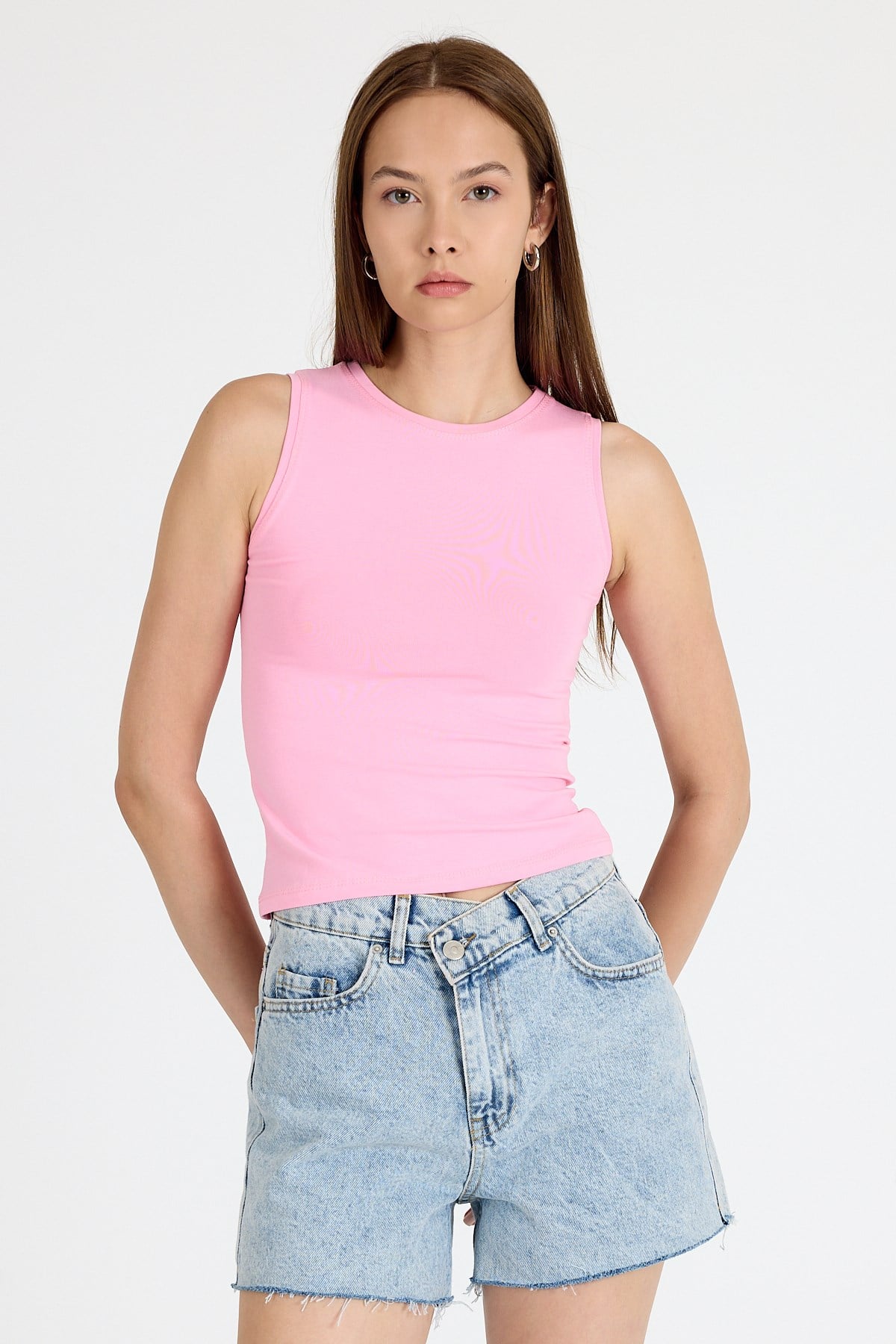 Pembe Bisiklet Yaka Kolsuz Slim Fit Atlet 1663