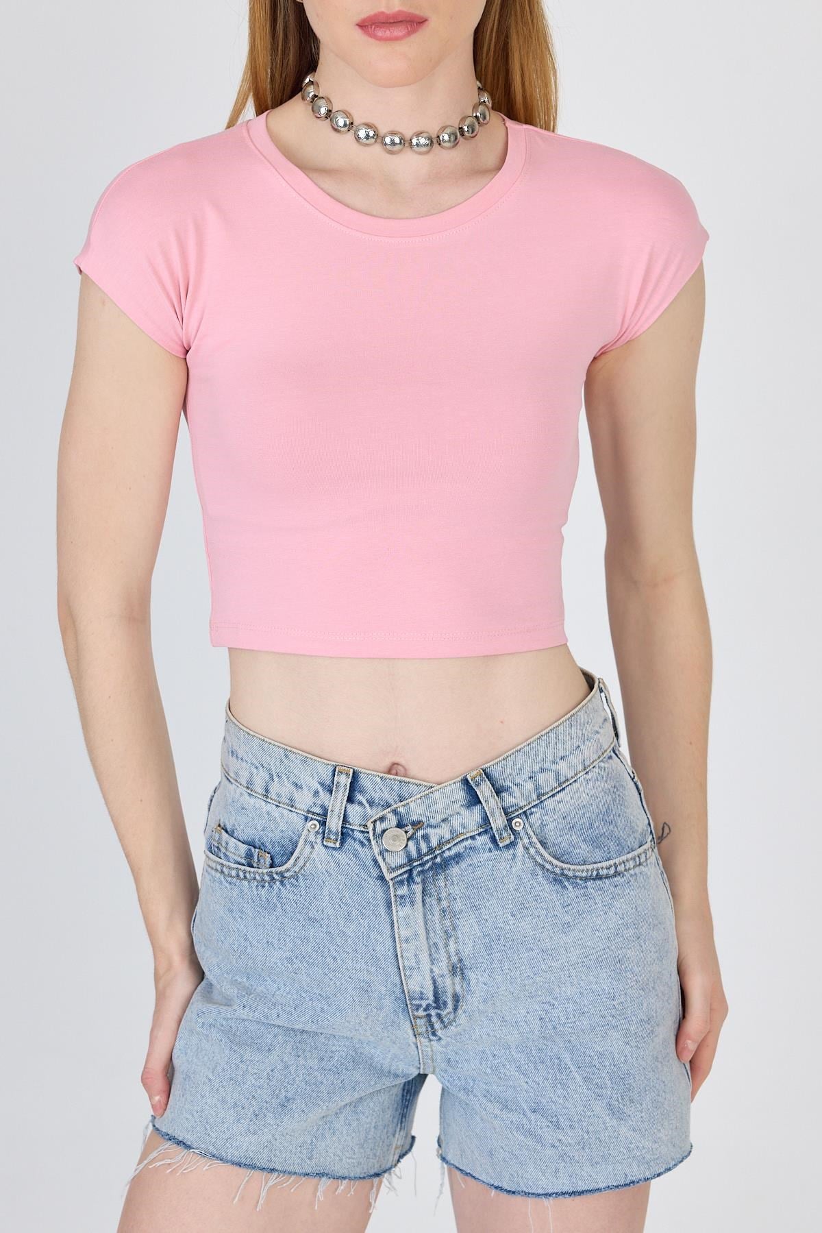 Pembe Bisiklet Yaka Pamuklu Slim Fit Crop Tişört 9199M