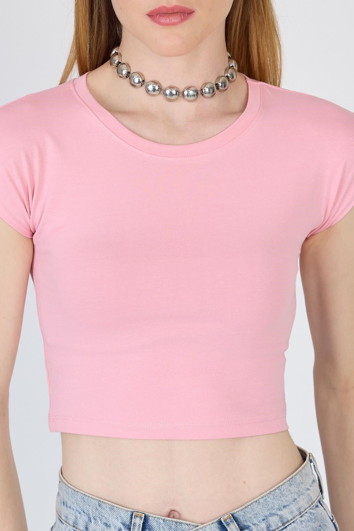 Pembe Bisiklet Yaka Pamuklu Slim Fit Crop Tişört 9199M