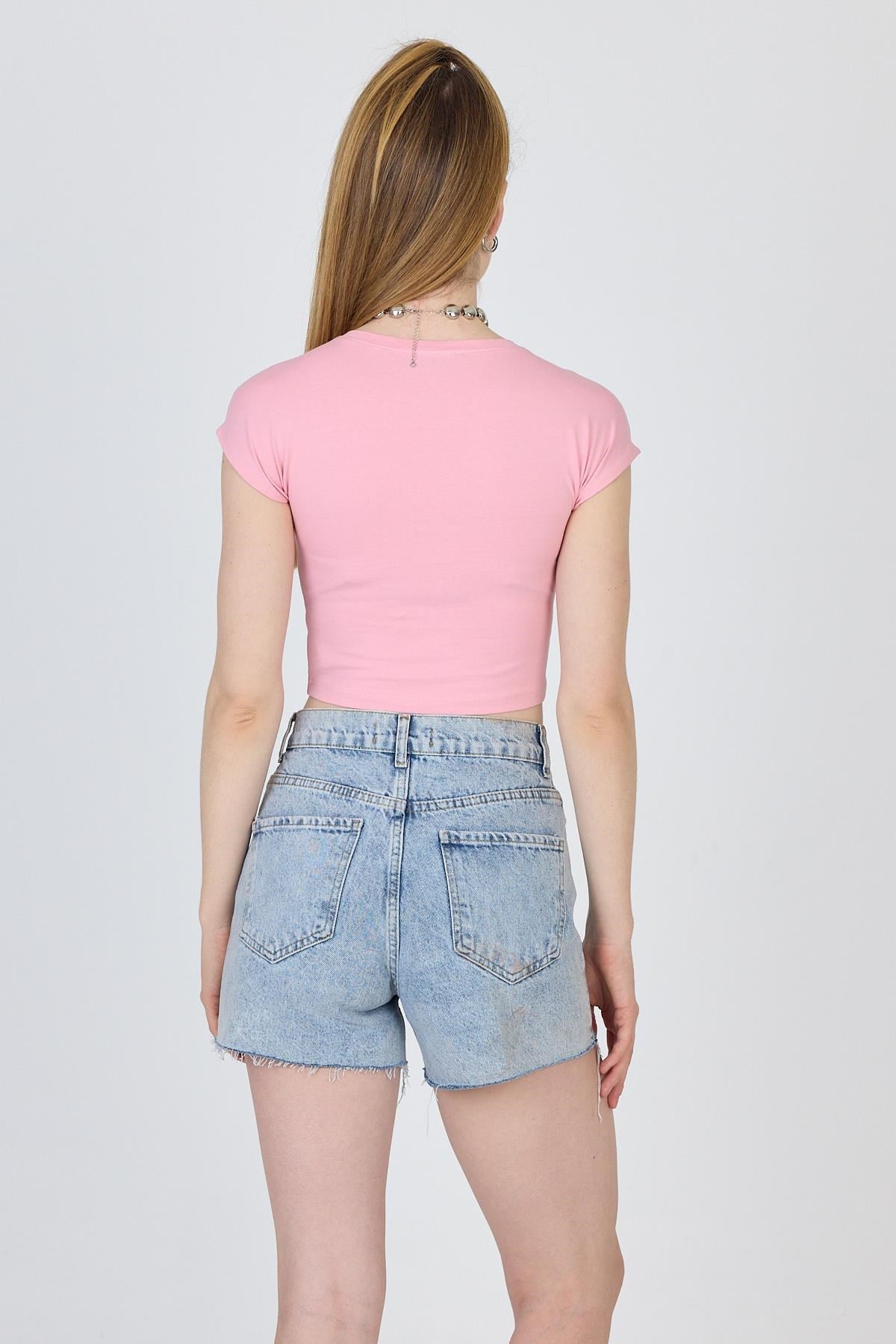 Pembe Bisiklet Yaka Pamuklu Slim Fit Crop Tişört 9199M