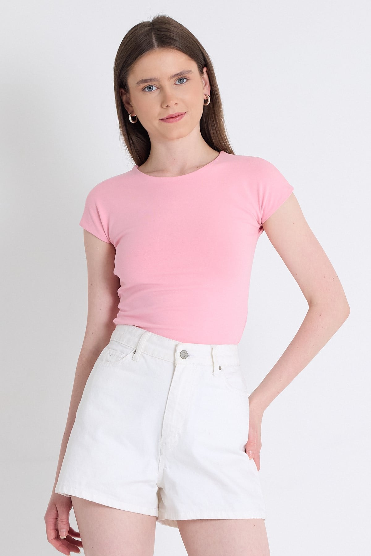Pembe Bisiklet Yaka Pamuklu Slim Fit Tişört 9190