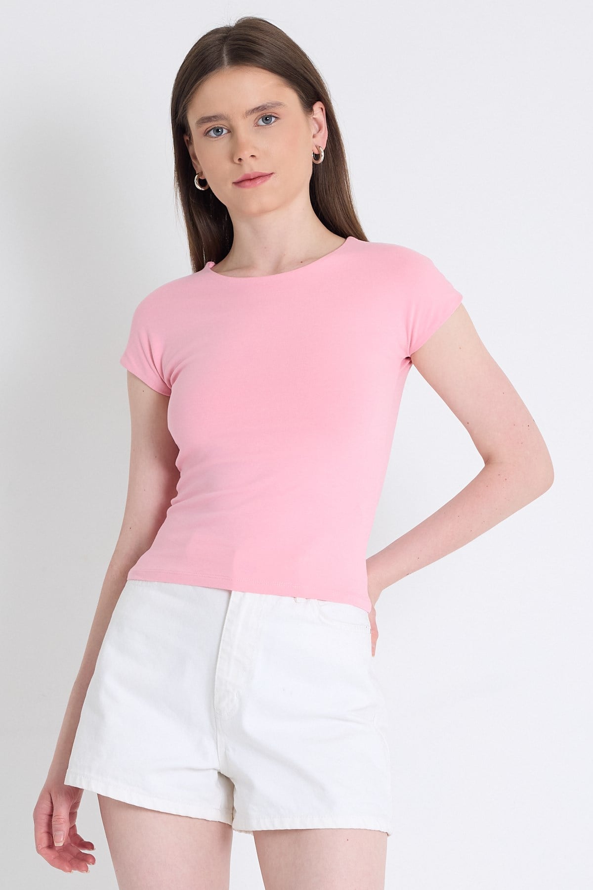 Pembe Bisiklet Yaka Pamuklu Slim Fit Tişört 9190