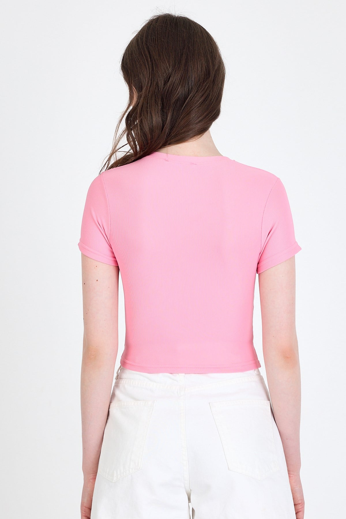 Pembe Bisiklet Yaka Taş İşleme Detaylı Slim Fit Crop Tişört 1149