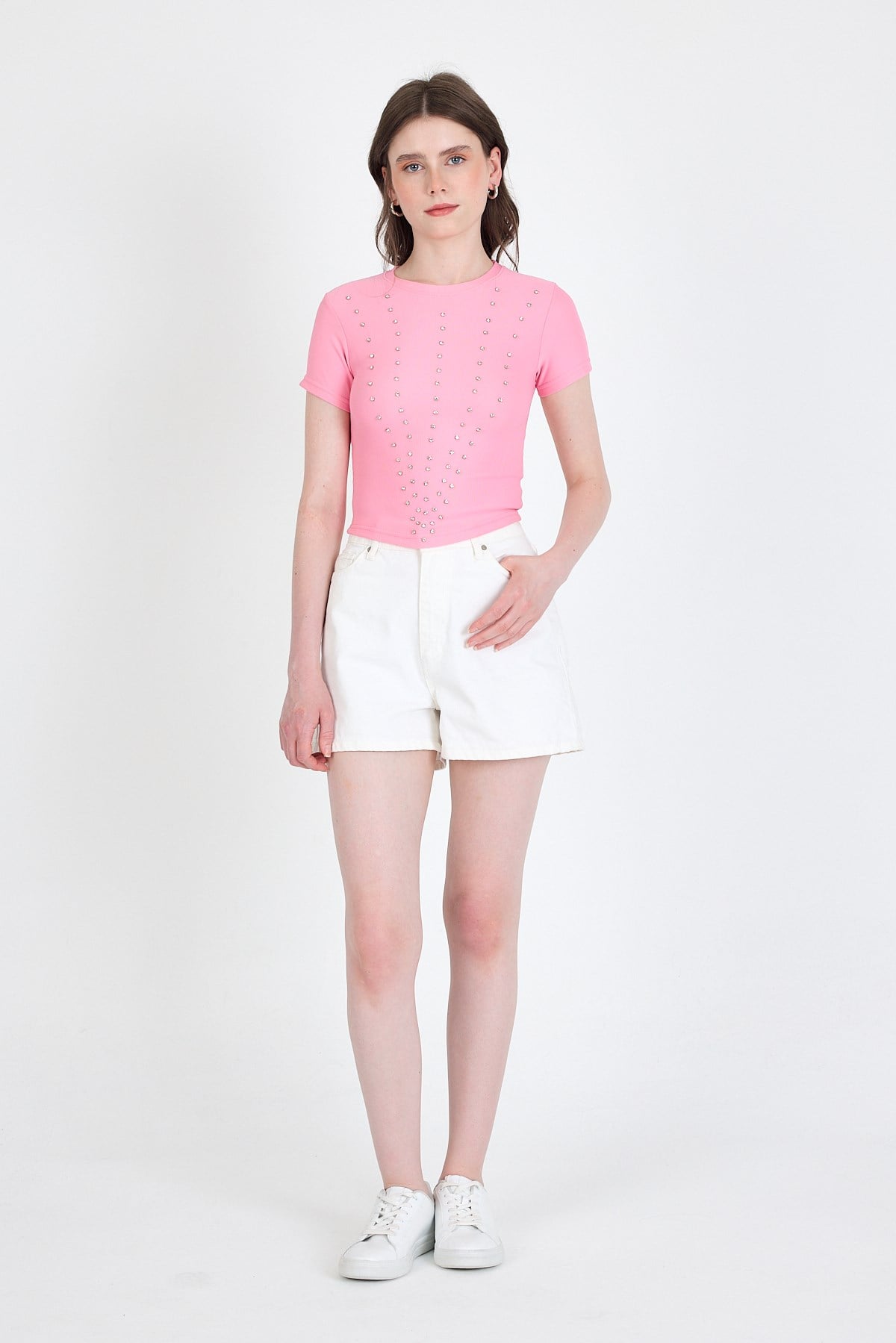 Pembe Bisiklet Yaka Taş İşleme Detaylı Slim Fit Crop Tişört 1149