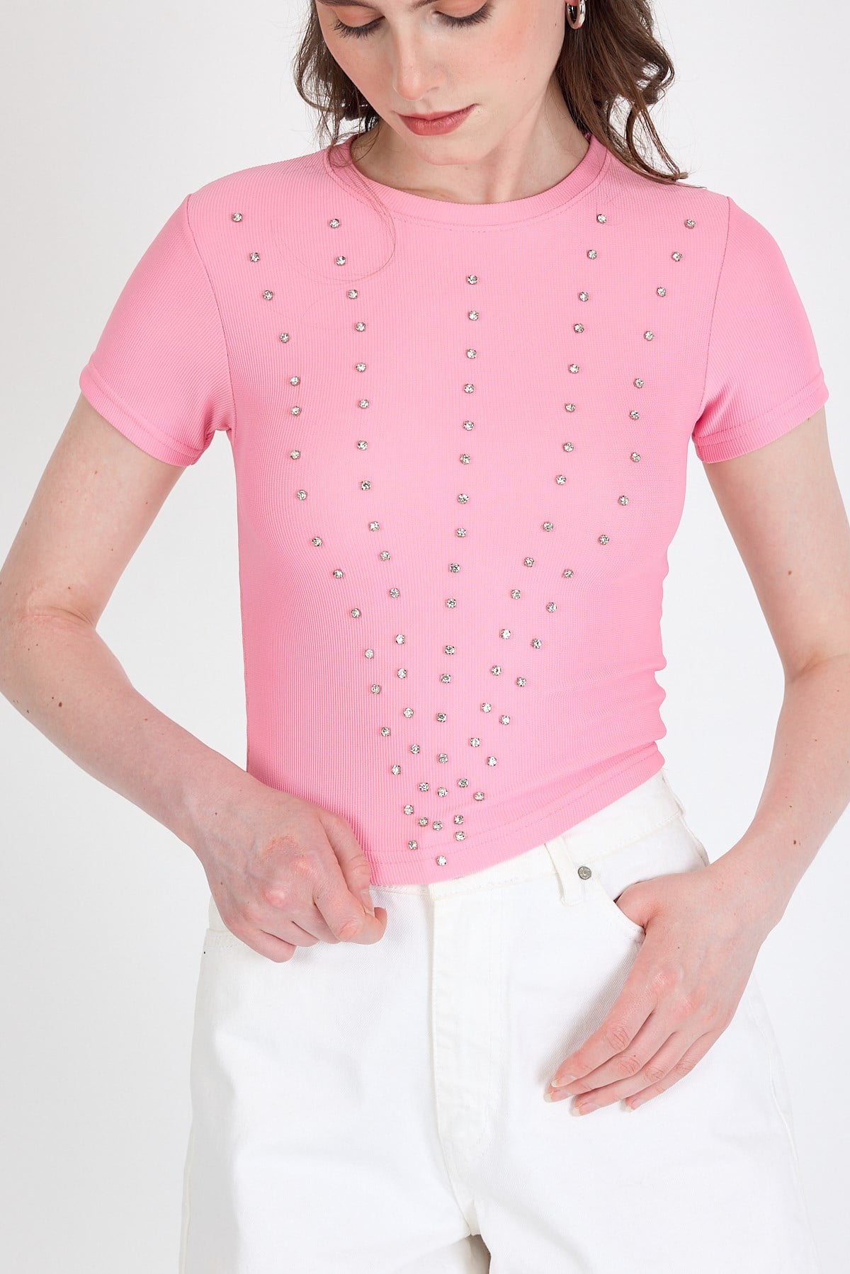 Pembe Bisiklet Yaka Taş İşleme Detaylı Slim Fit Crop Tişört 1149