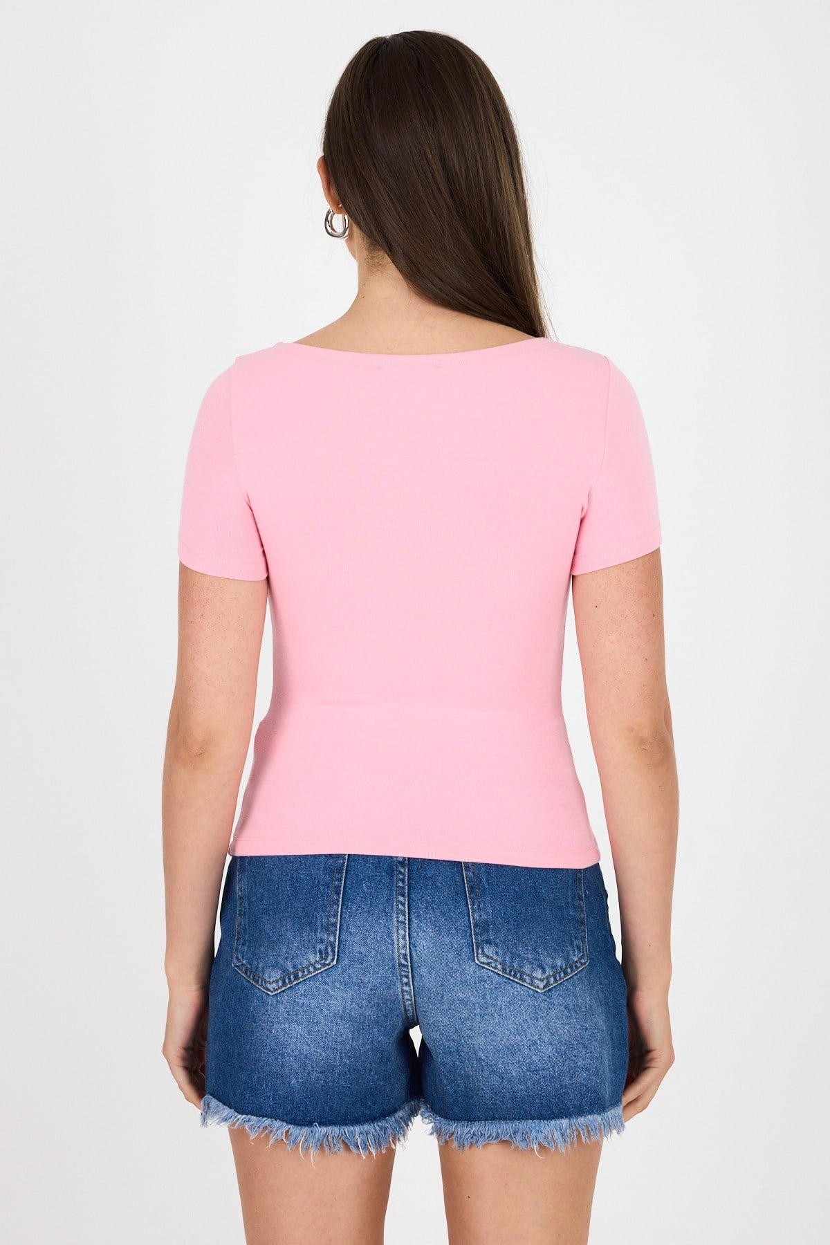 Pembe Bisiklet Yaka Viskoz/Yumuşak Kumaş Tişört 1469