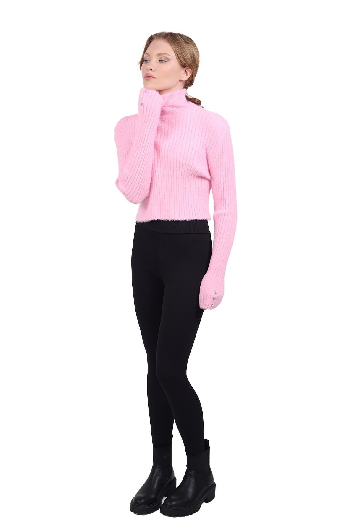 Pembe Boğazlı Kol Taş Detay Yumoş Kazak 6627