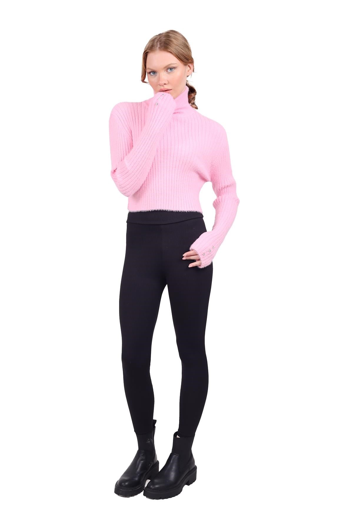 Pembe Boğazlı Kol Taş Detay Yumoş Kazak 6627
