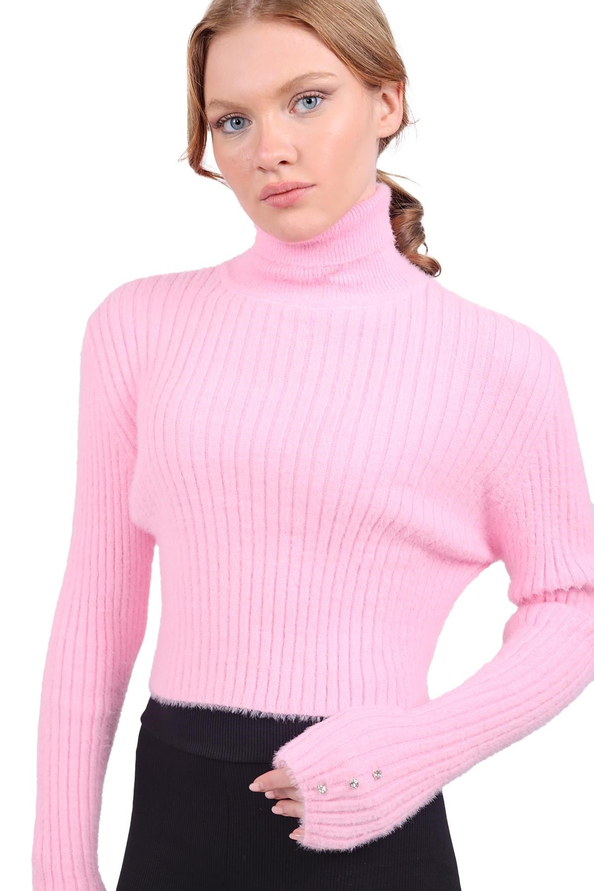 Pembe Boğazlı Kol Taş Detay Yumoş Kazak 6627