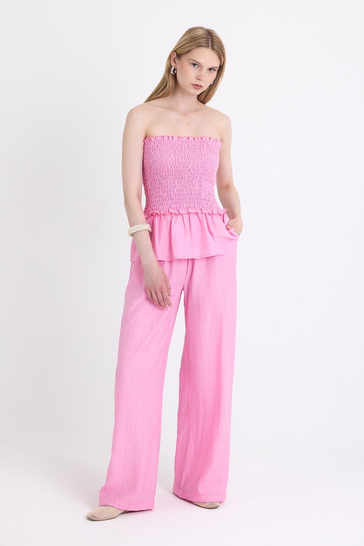 Pembe Büzgülü Straplez Bluz ve Bol Paça Pantolon Takım 5249