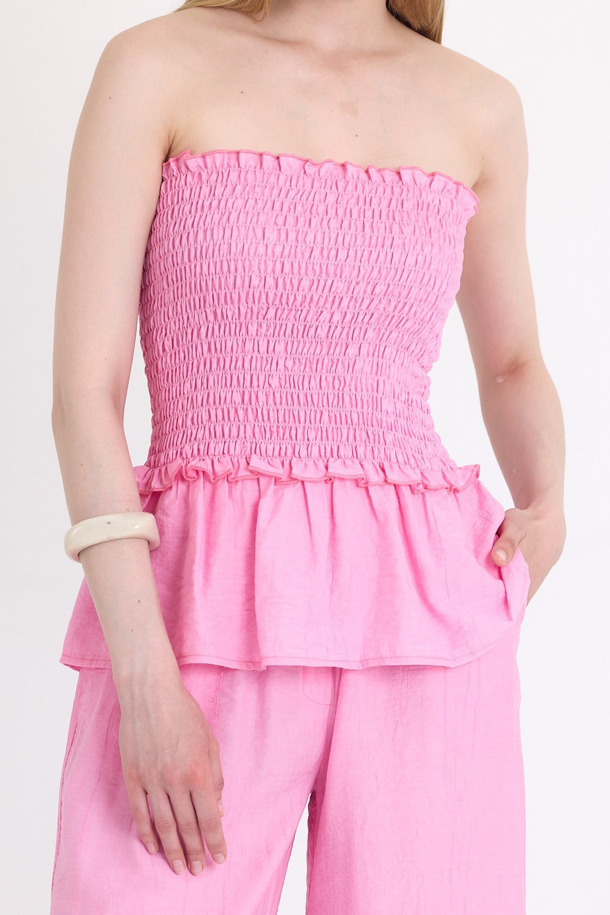 Pembe Büzgülü Straplez Bluz ve Bol Paça Pantolon Takım 5249