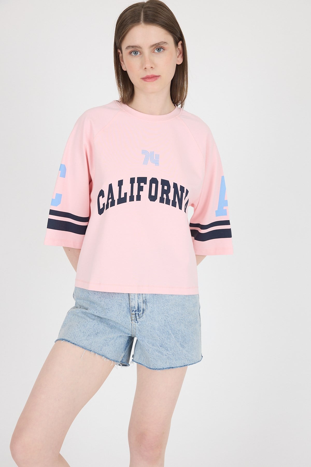 Pembe California Baskılı Oversize Tişört 6817