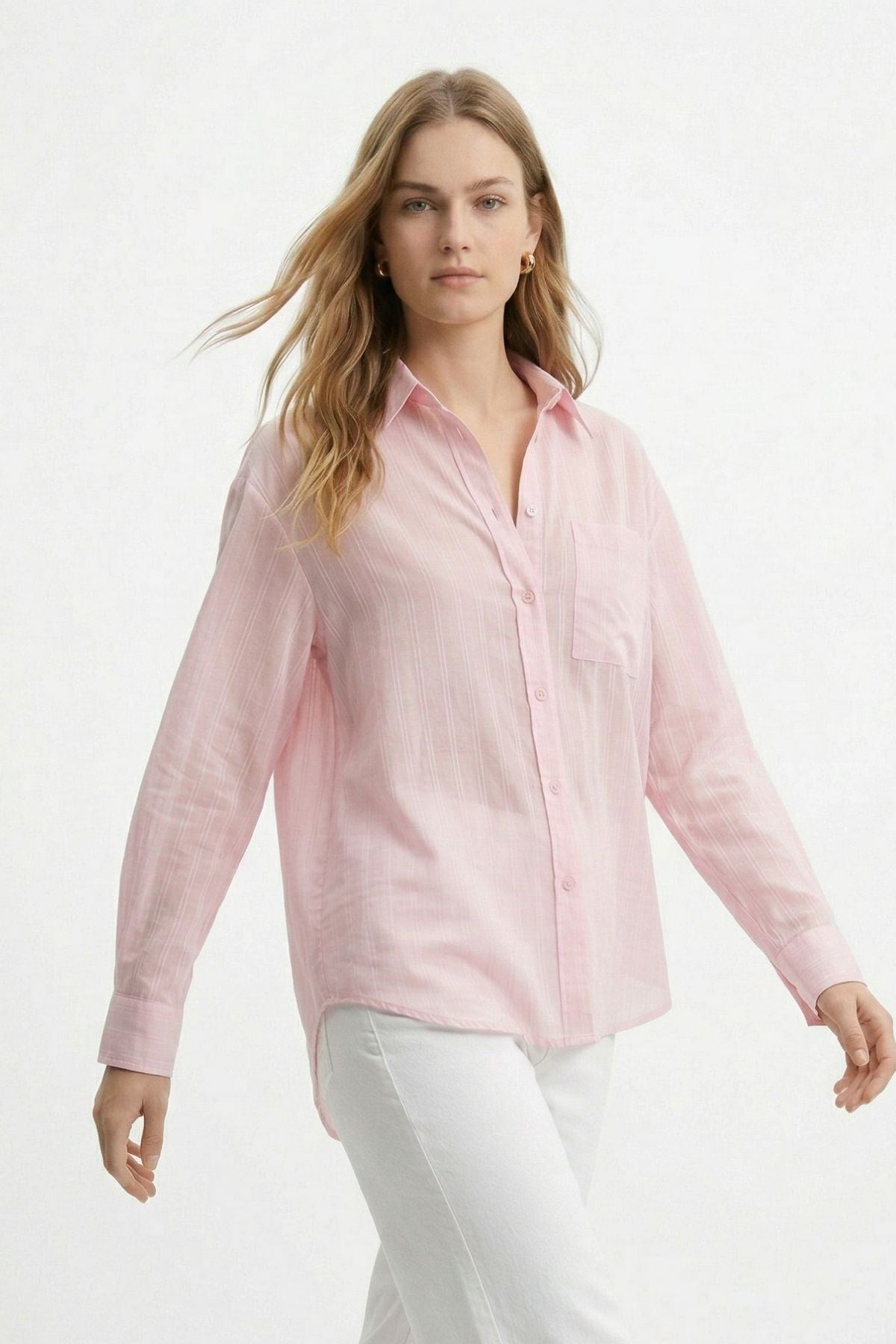 Pembe Cepli Çizgili Oversize Gömlek 5449