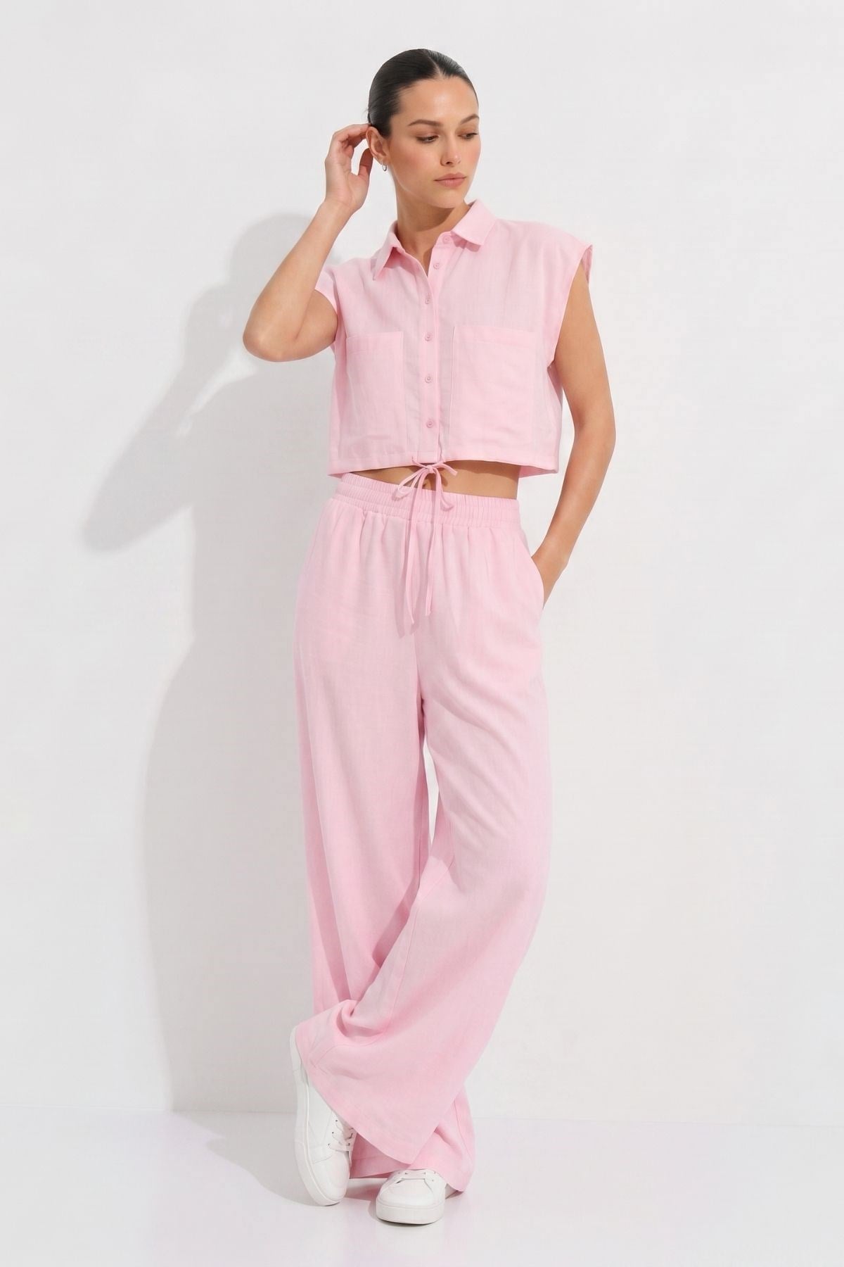 Pembe Cepli crop Gömlek Pantolon Takım 7157