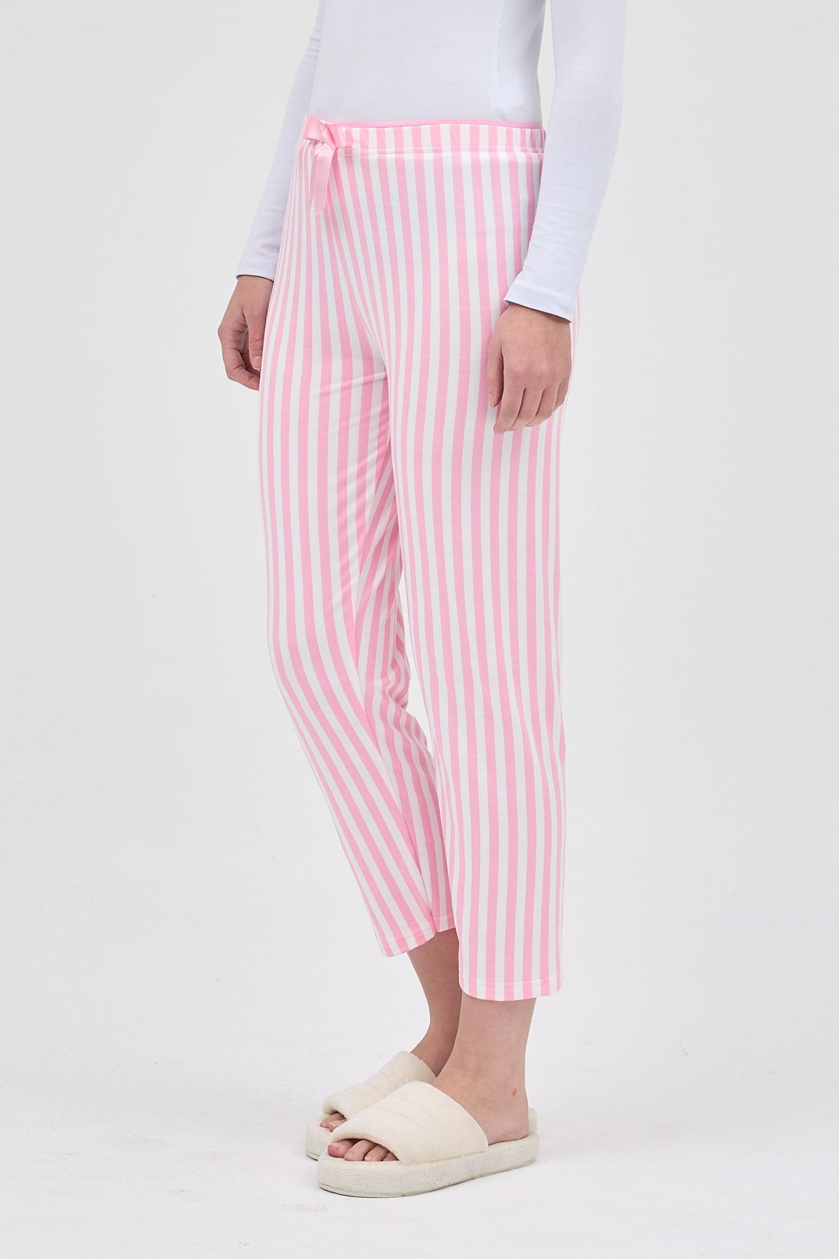 Pembe Çizgi Desenli Lastik Bel Kadın Pijama Altı 4527