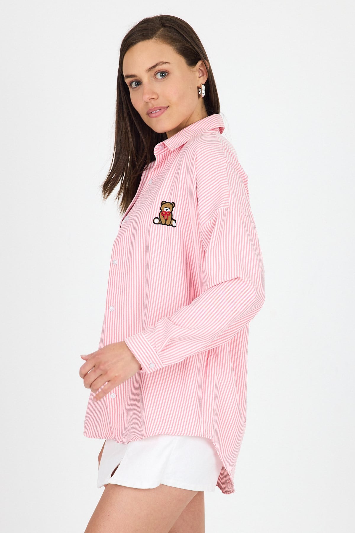 Pembe Çizgili Ayıcık Nakışlı Pamuklu Oversize Gömlek 4689A