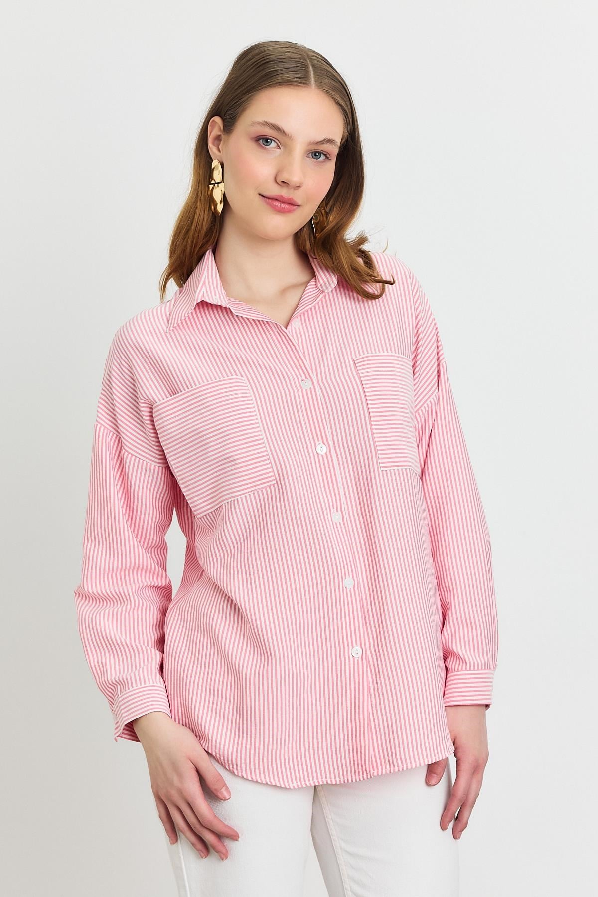 Pembe Çizgili Cepli Gömlek 4294A