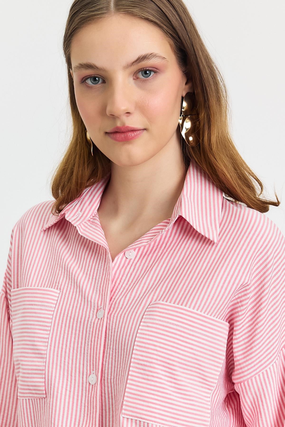 Pembe Çizgili Cepli Gömlek 4294A