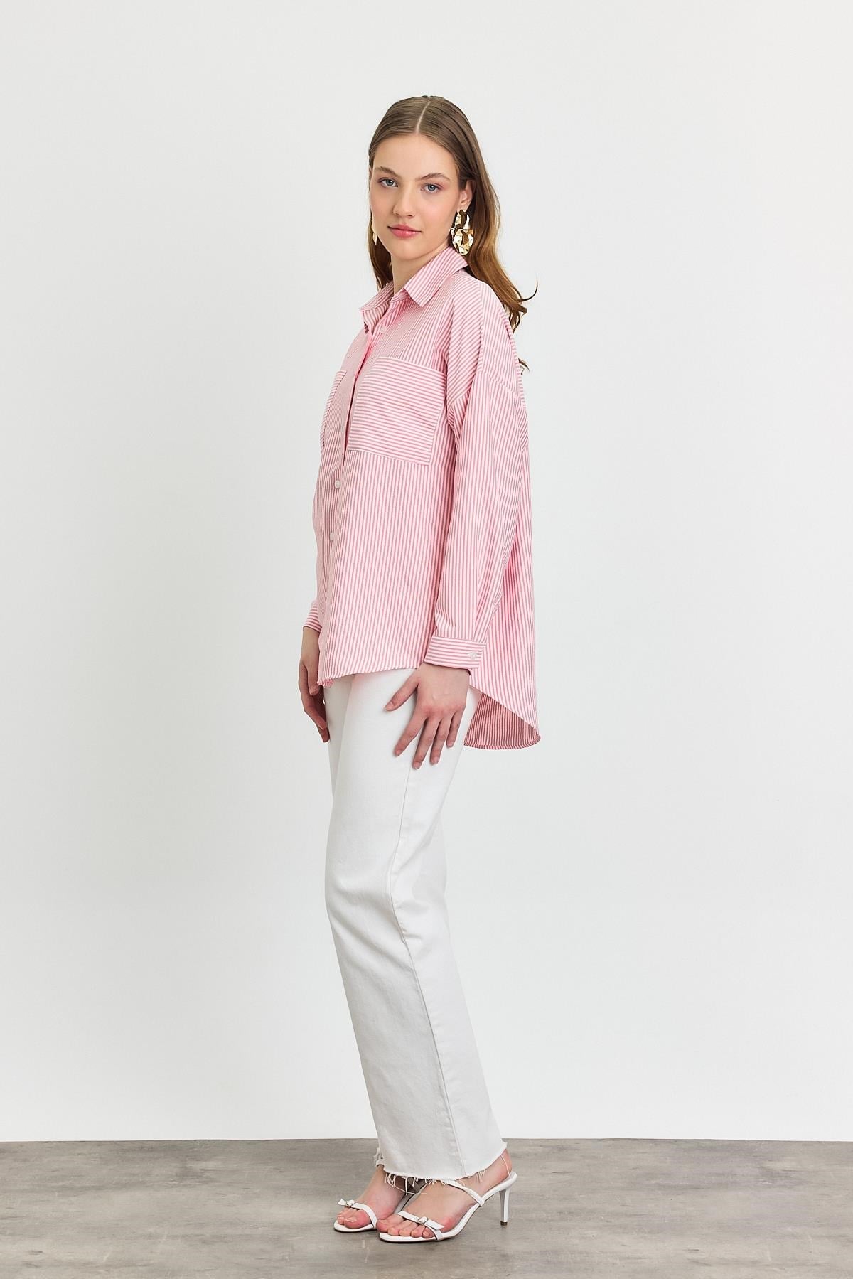 Pembe Çizgili Cepli Gömlek 4294A