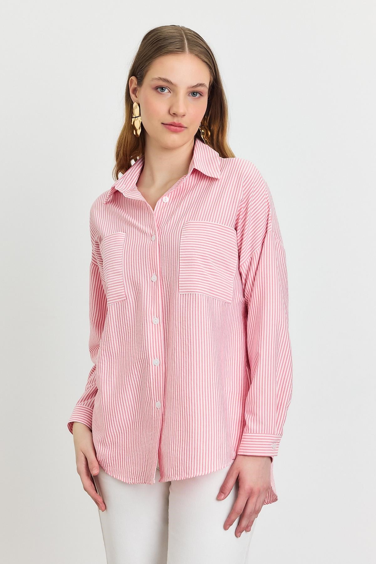 Pembe Çizgili Cepli Gömlek 4294A
