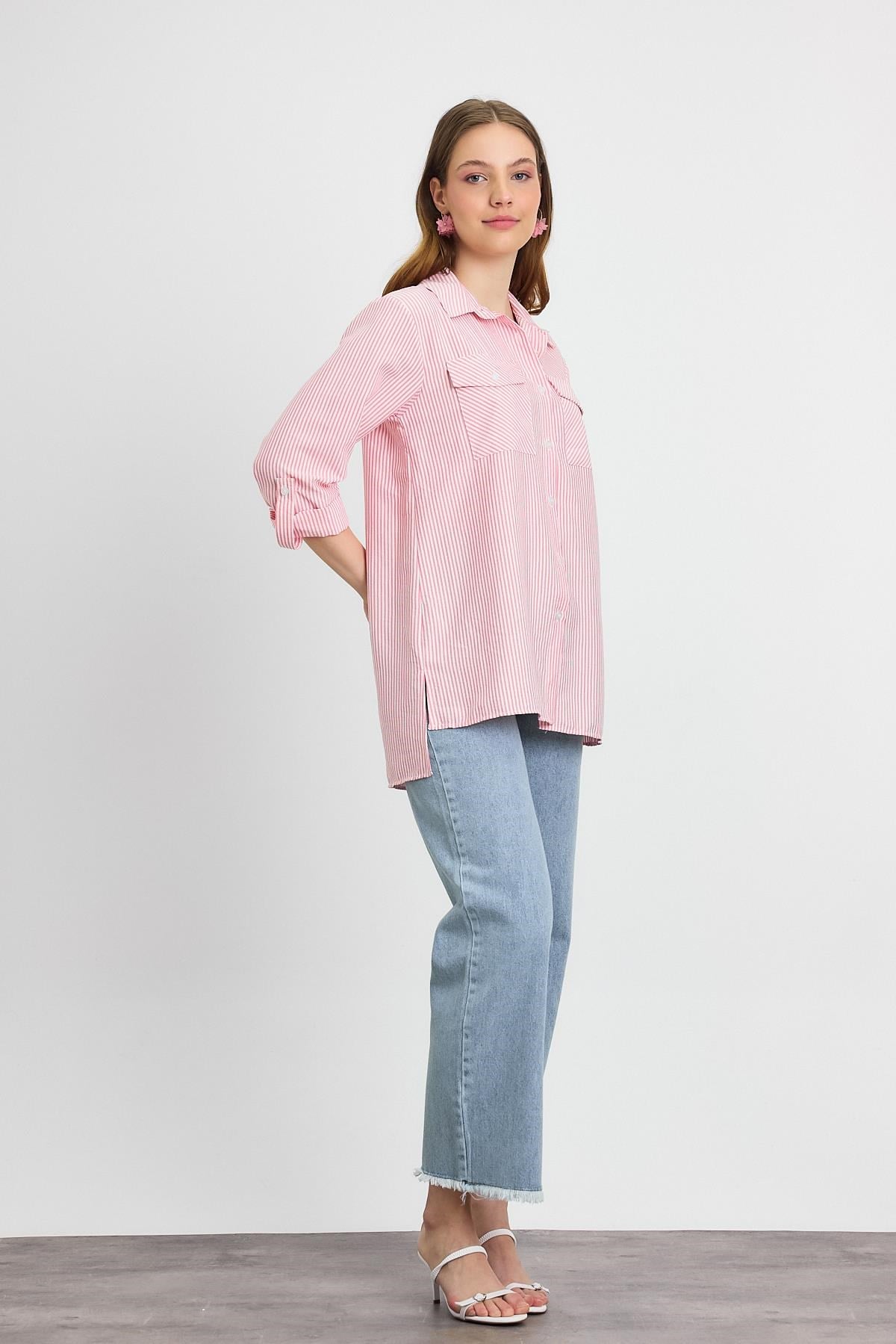 Pembe Çizgili Çift Cepli Gömlek 4362A