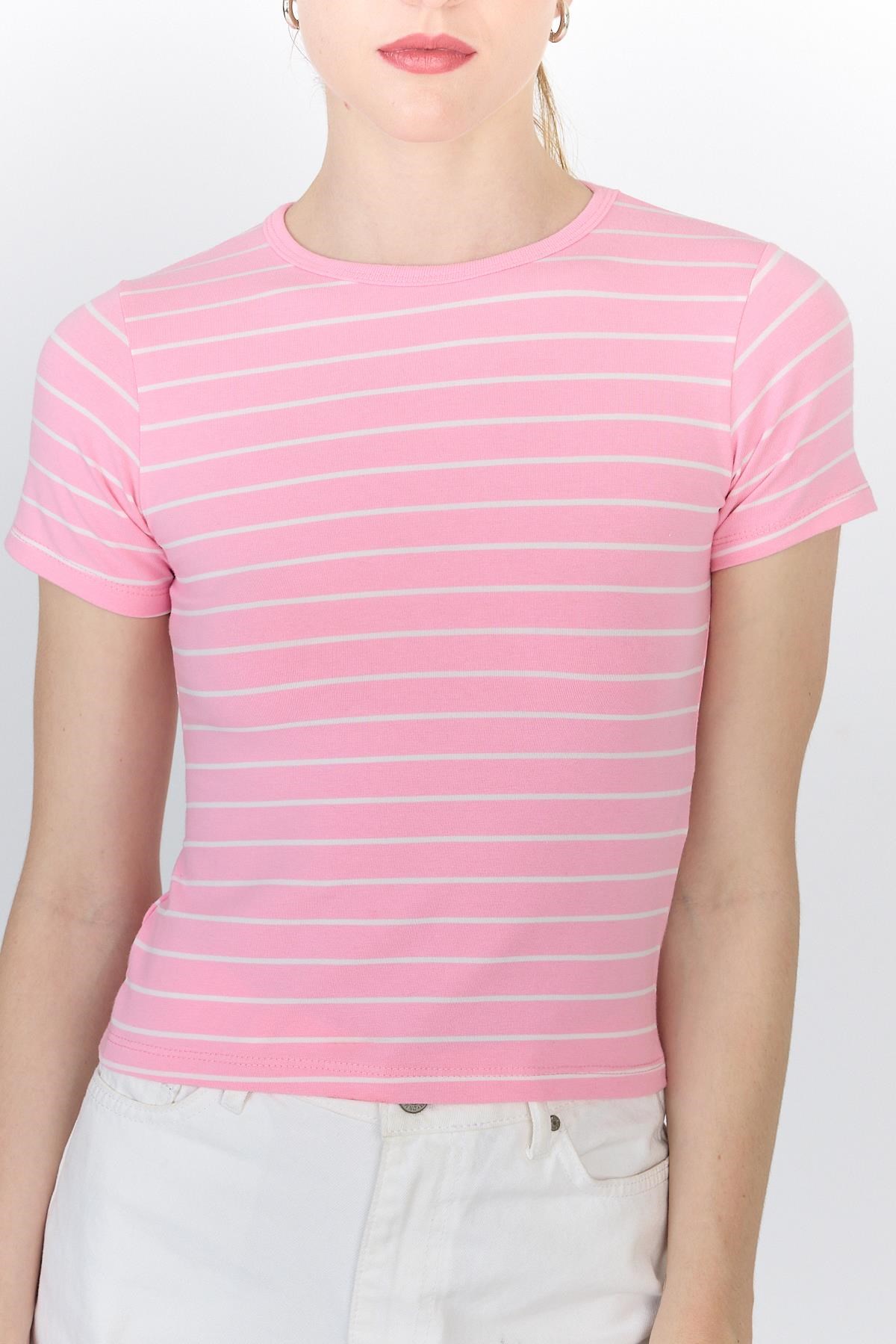 Pembe Çizgili Pamuklu Crop Tişört 4014