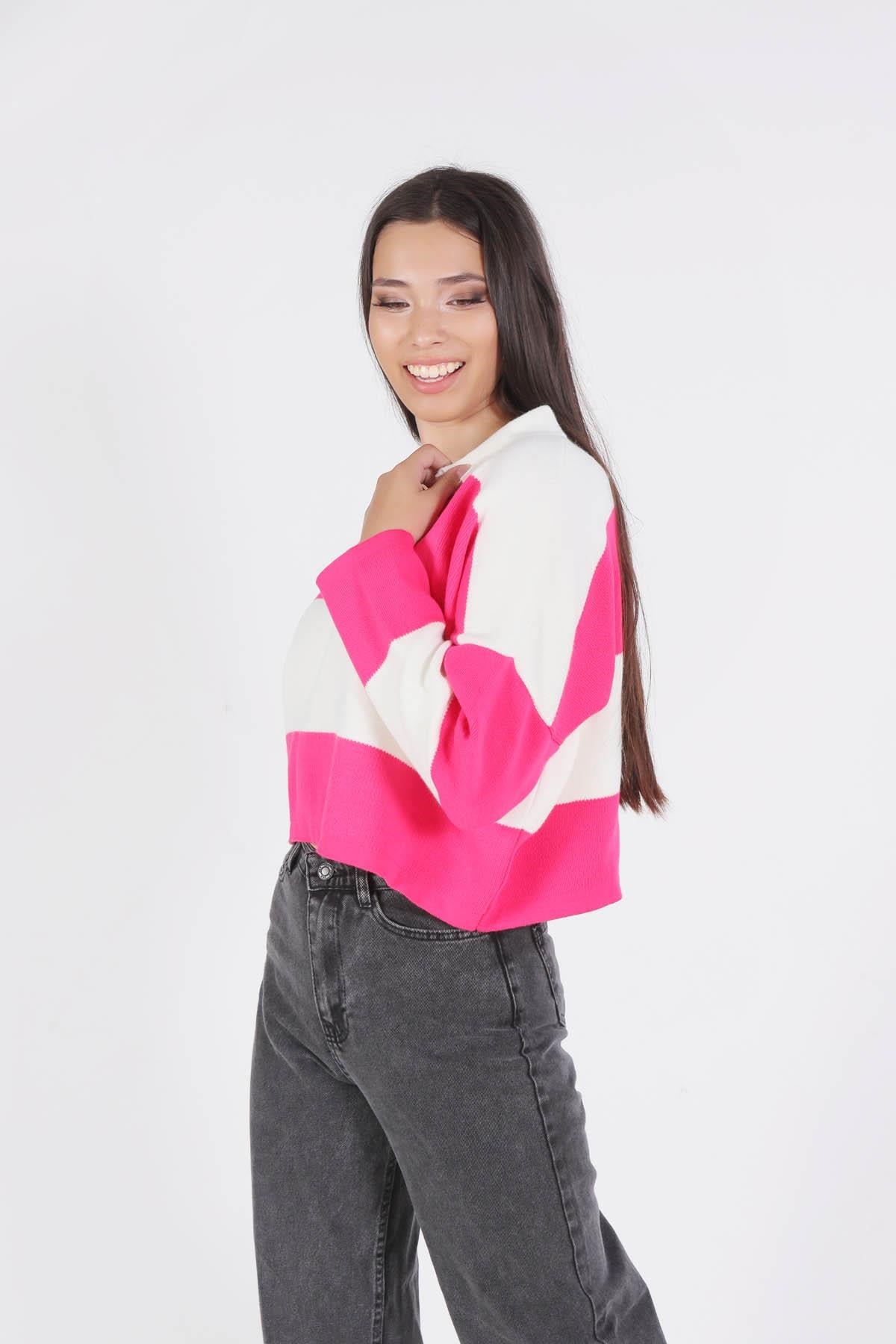Pembe Çizgili Polo Yaka Kazak 6014
