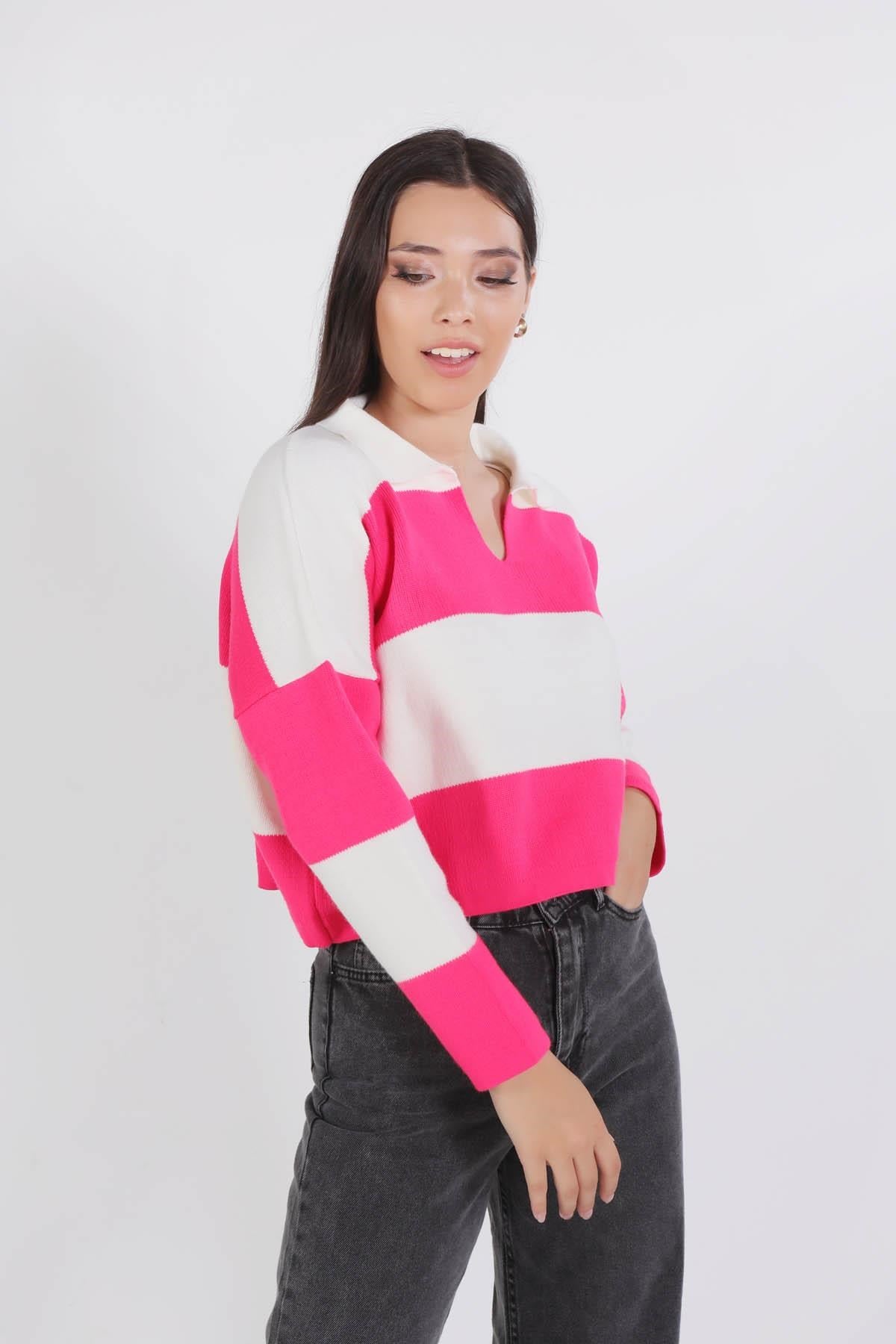 Pembe Çizgili Polo Yaka Kazak 6014