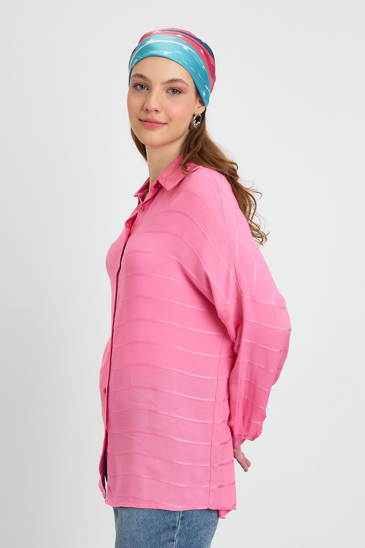 Pembe Çizgili Salaş Gömlek 4637A