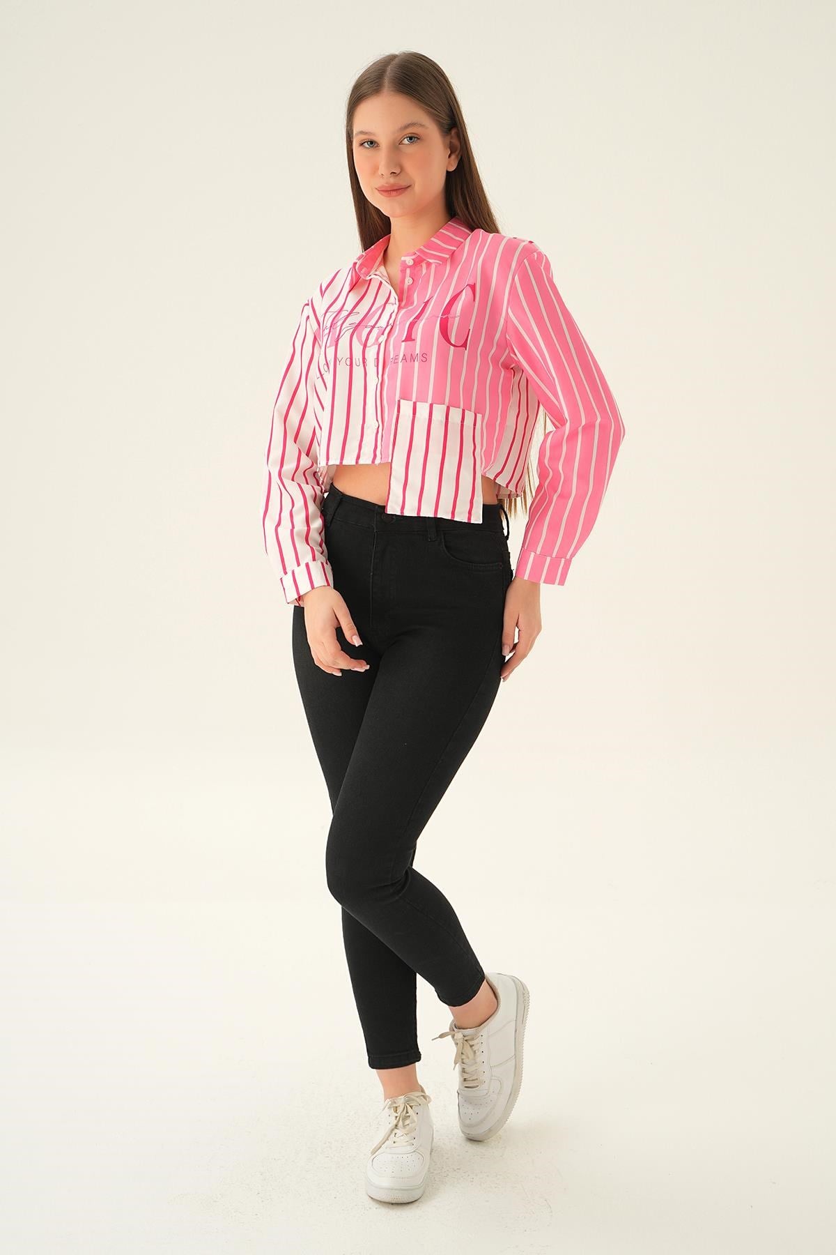 Pembe Crop Çizgili Gömlek 71482