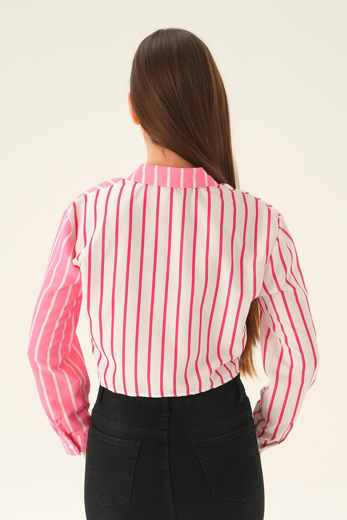 Pembe Crop Çizgili Gömlek 71482