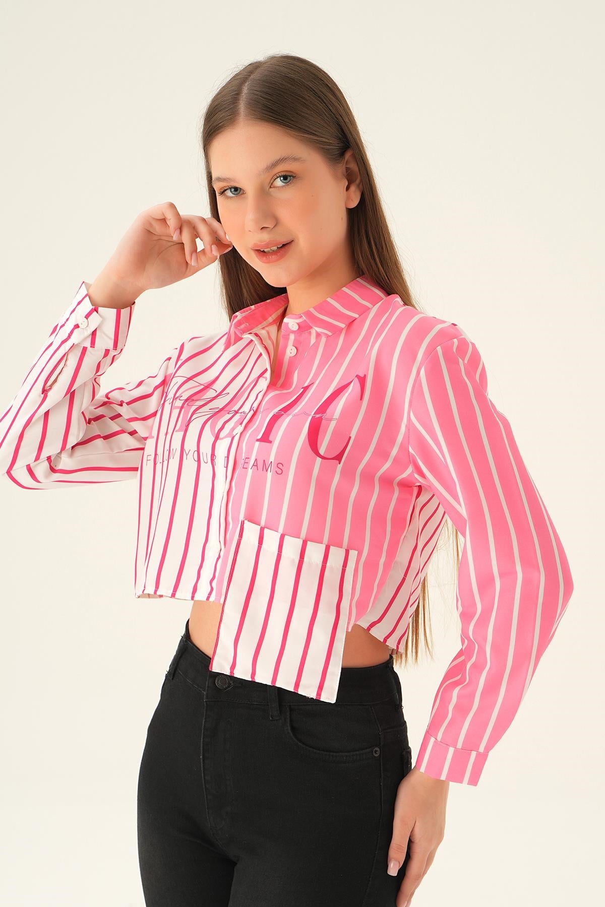 Pembe Crop Çizgili Gömlek 71482
