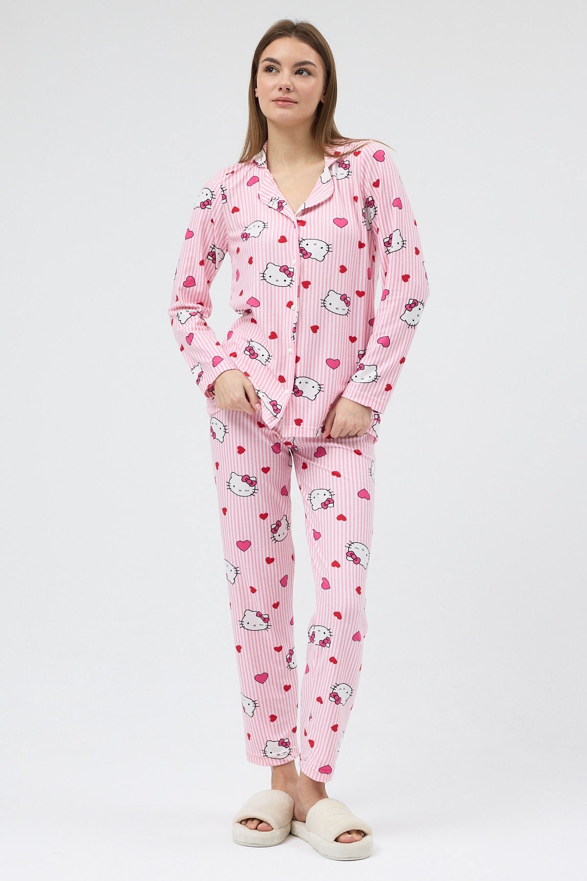 Pembe Desenli Düğmeli Kadın Pijama Takımı 3000