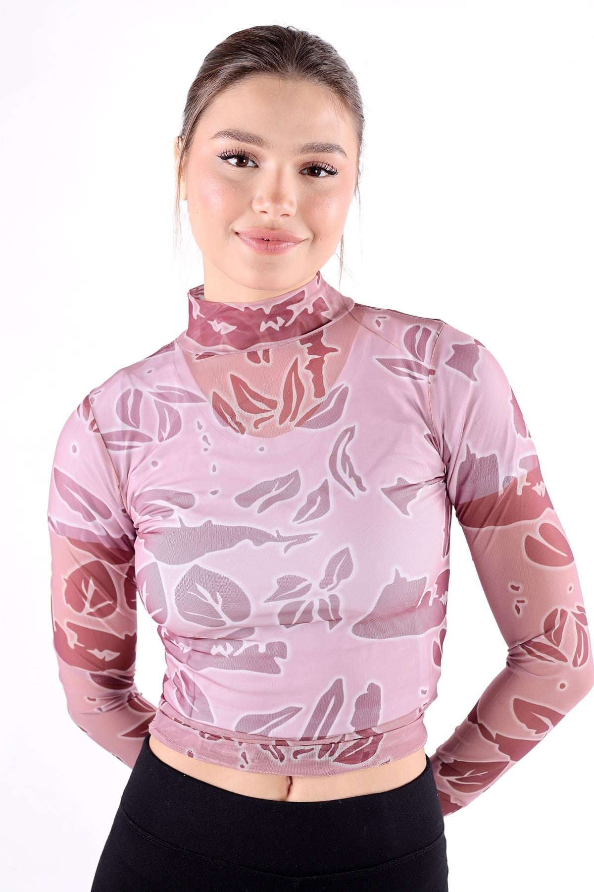 Pembe Dijital Baskı Tül Transparan Bluz 074