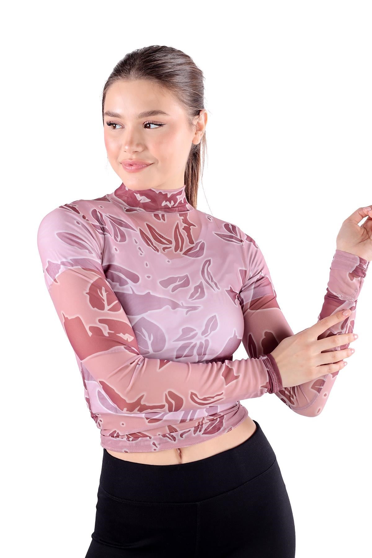 Pembe Dijital Baskı Tül Transparan Bluz 074