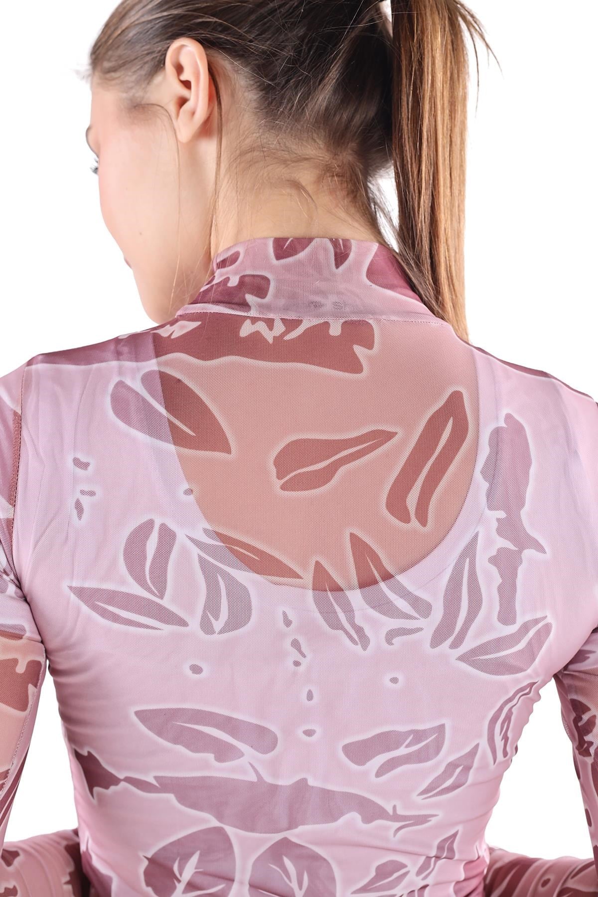 Pembe Dijital Baskı Tül Transparan Bluz 074