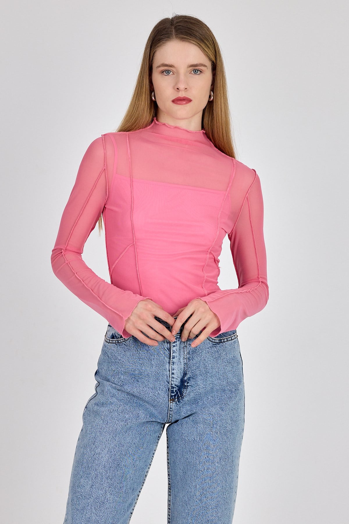 Pembe Dikiş Detaylı Uzun Kollu Tül Bluz 233163